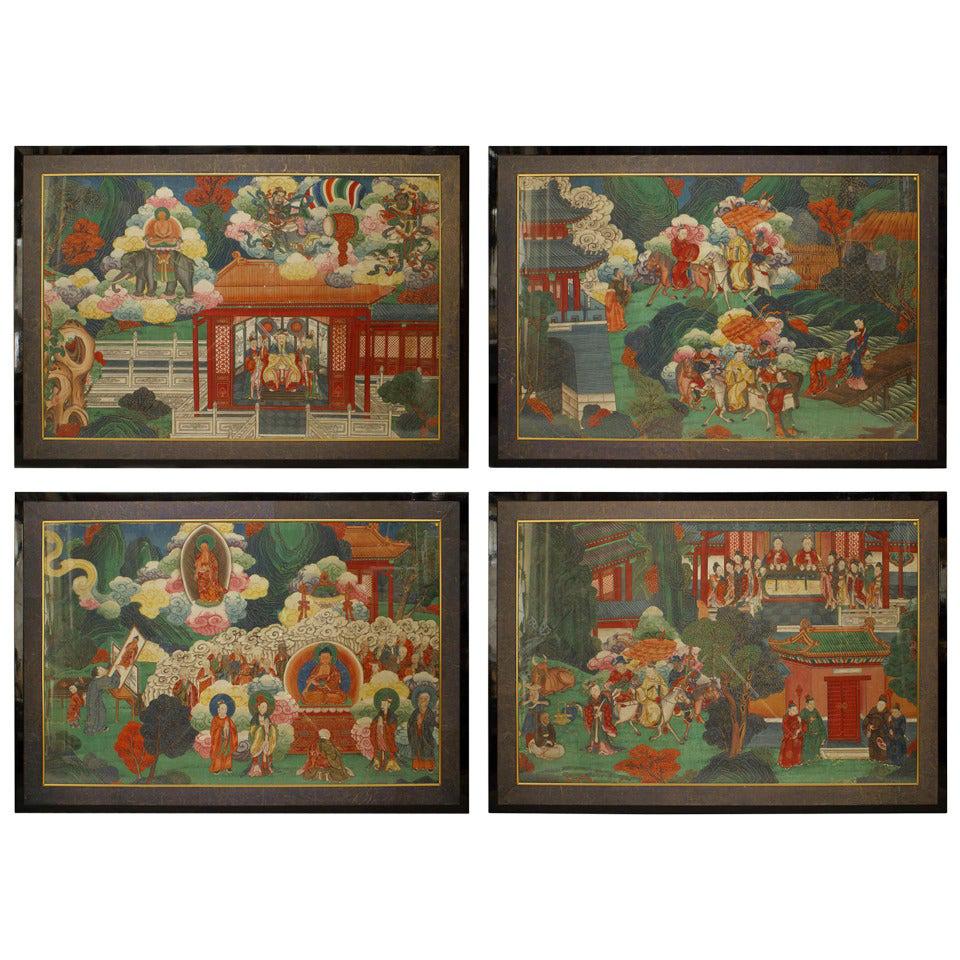 4 Acuarelas chinas de escenas cortesanas y budistas
