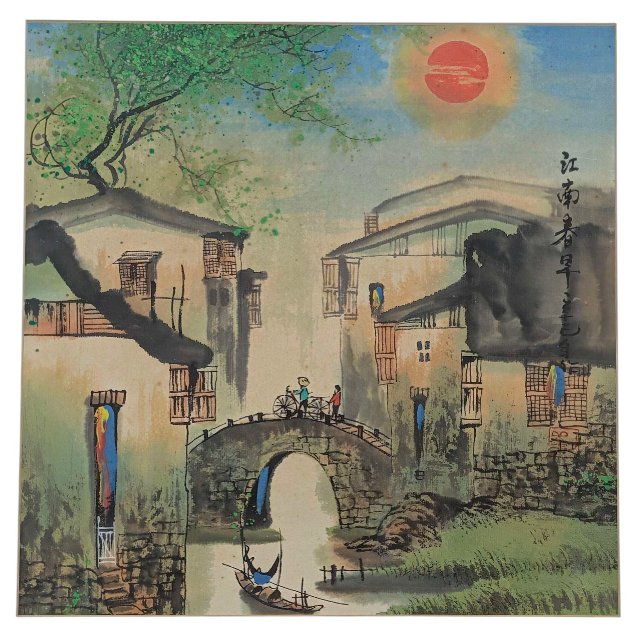 Chinese Watercolour Painting of a Jiangnan Village Scene by Liu Maoshan