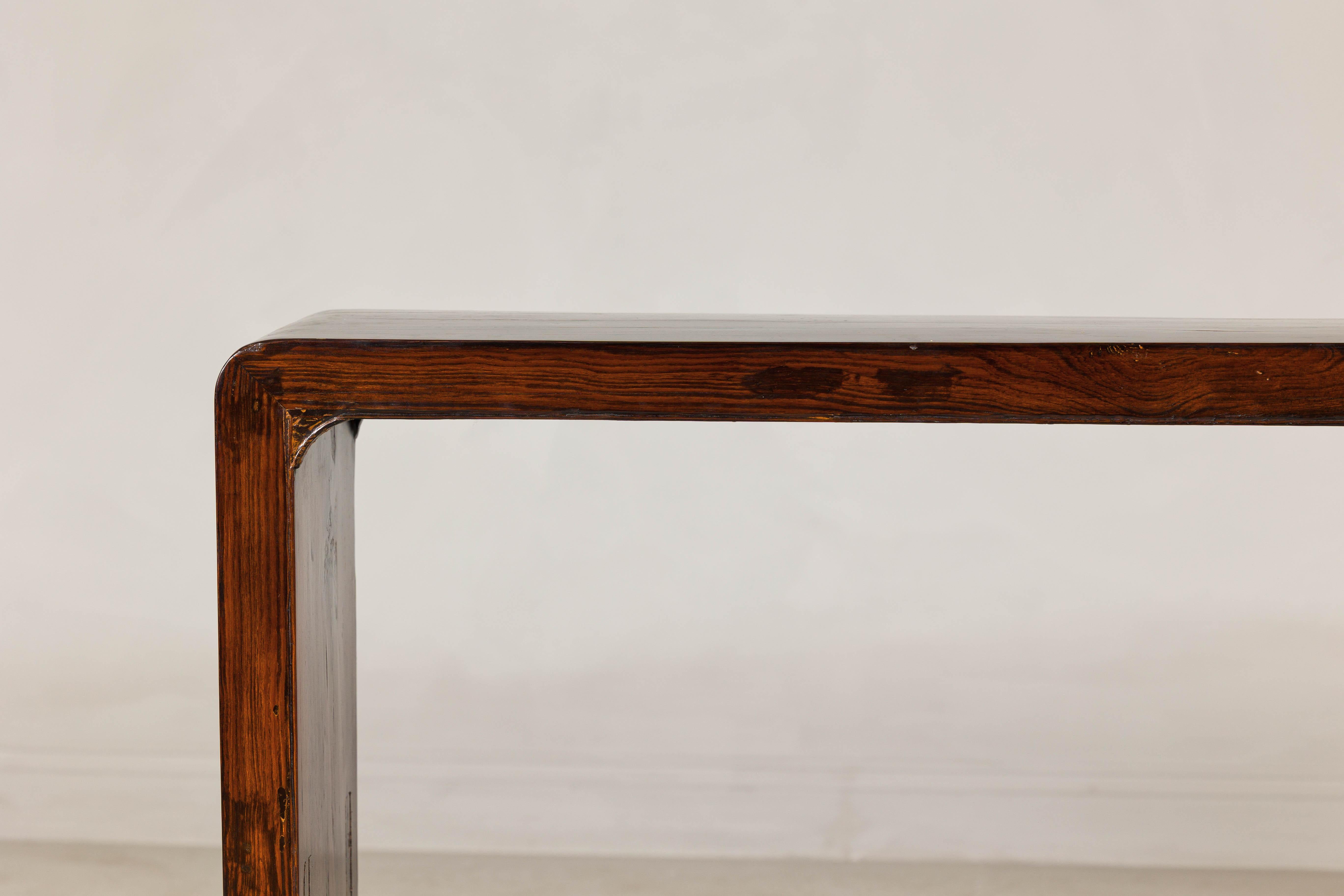 Stained Chinese Waterfall Console Table in Dark Wood with Scrolling Ends, circa 1900 For Sale