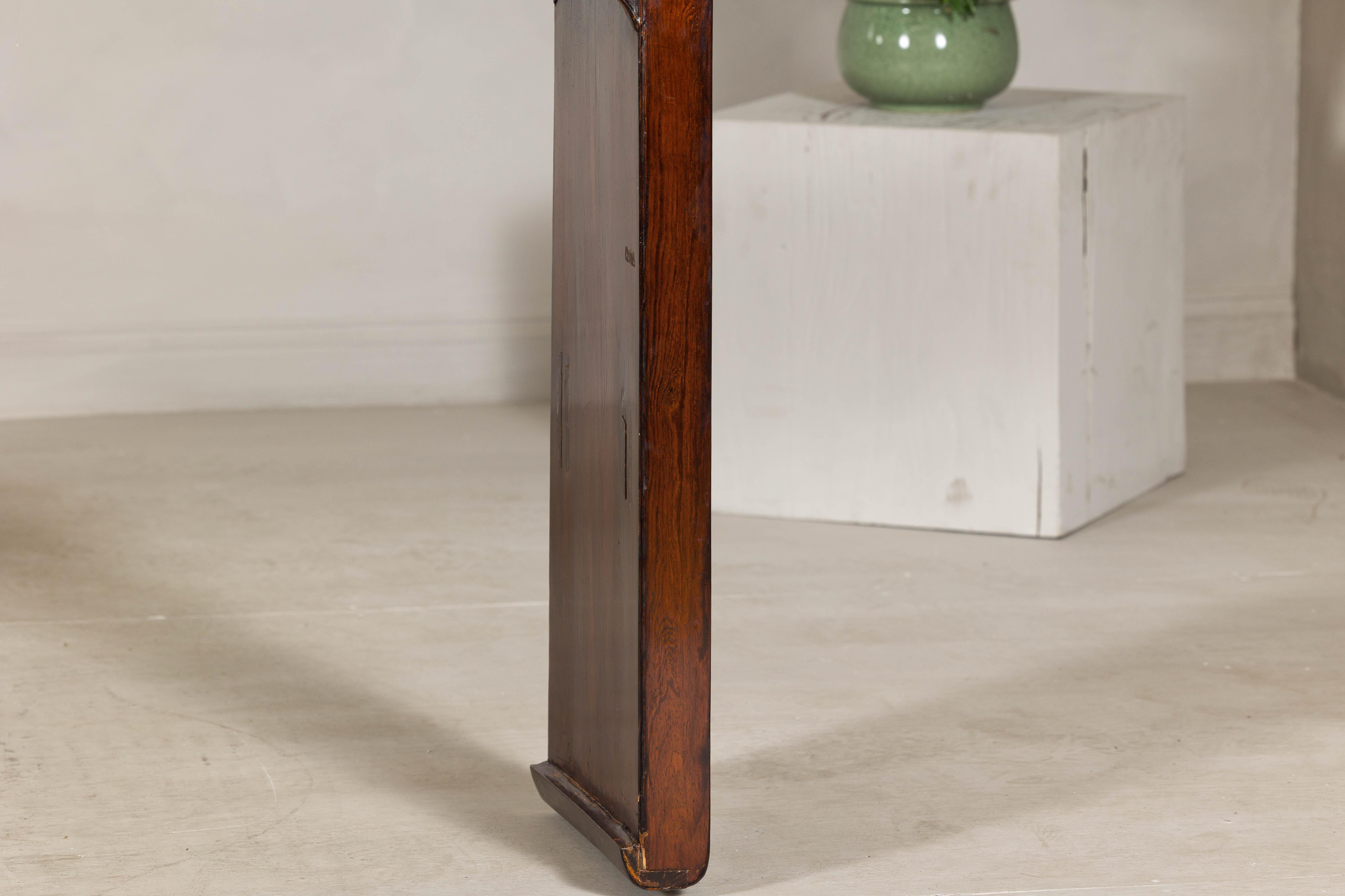 Elm Chinese Waterfall Console Table in Dark Wood with Scrolling Ends, circa 1900 For Sale