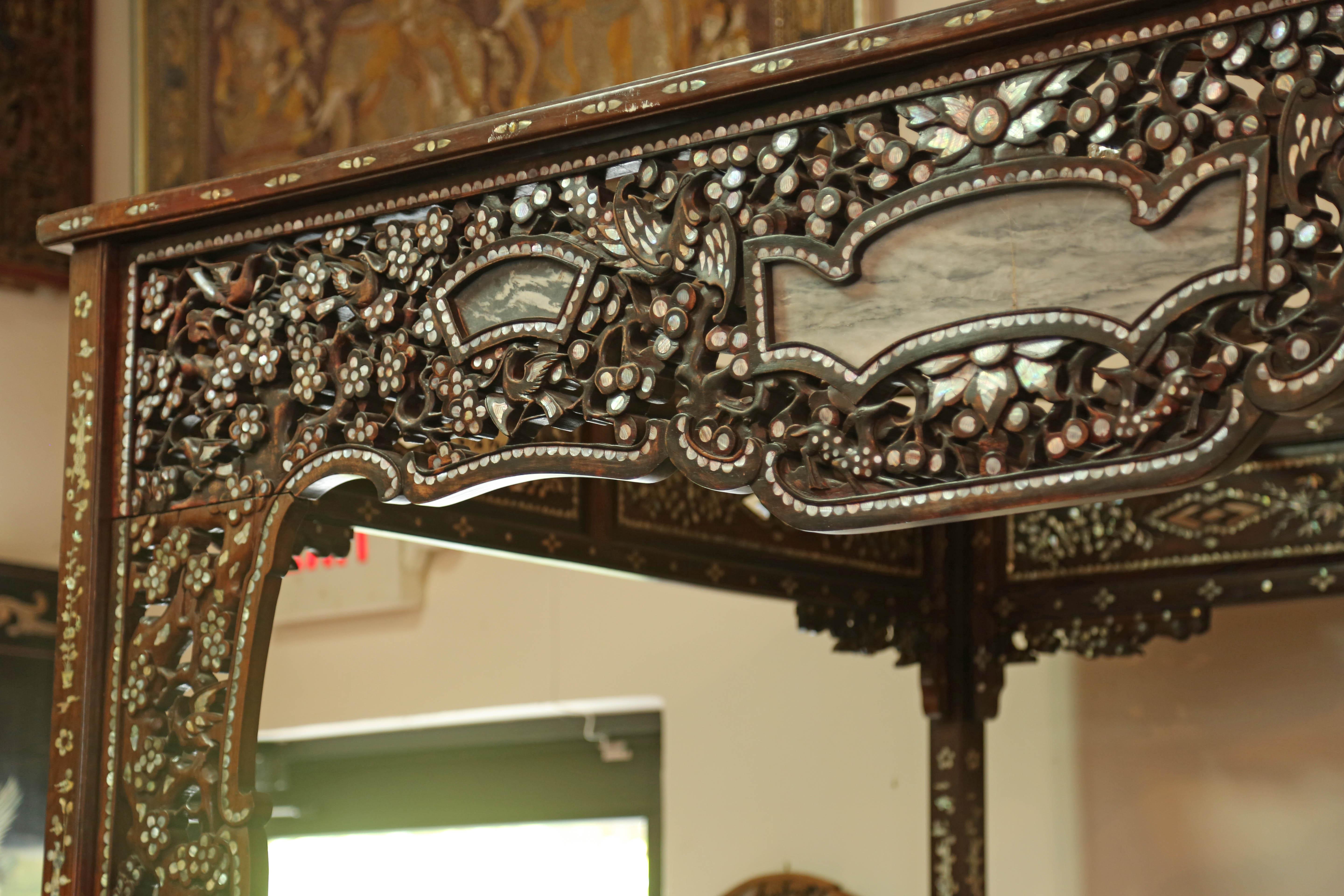 Chinese Wedding Bed, 19th Century Mother-of-Pearl Inlay Marble, Dragons, Royalty For Sale 3