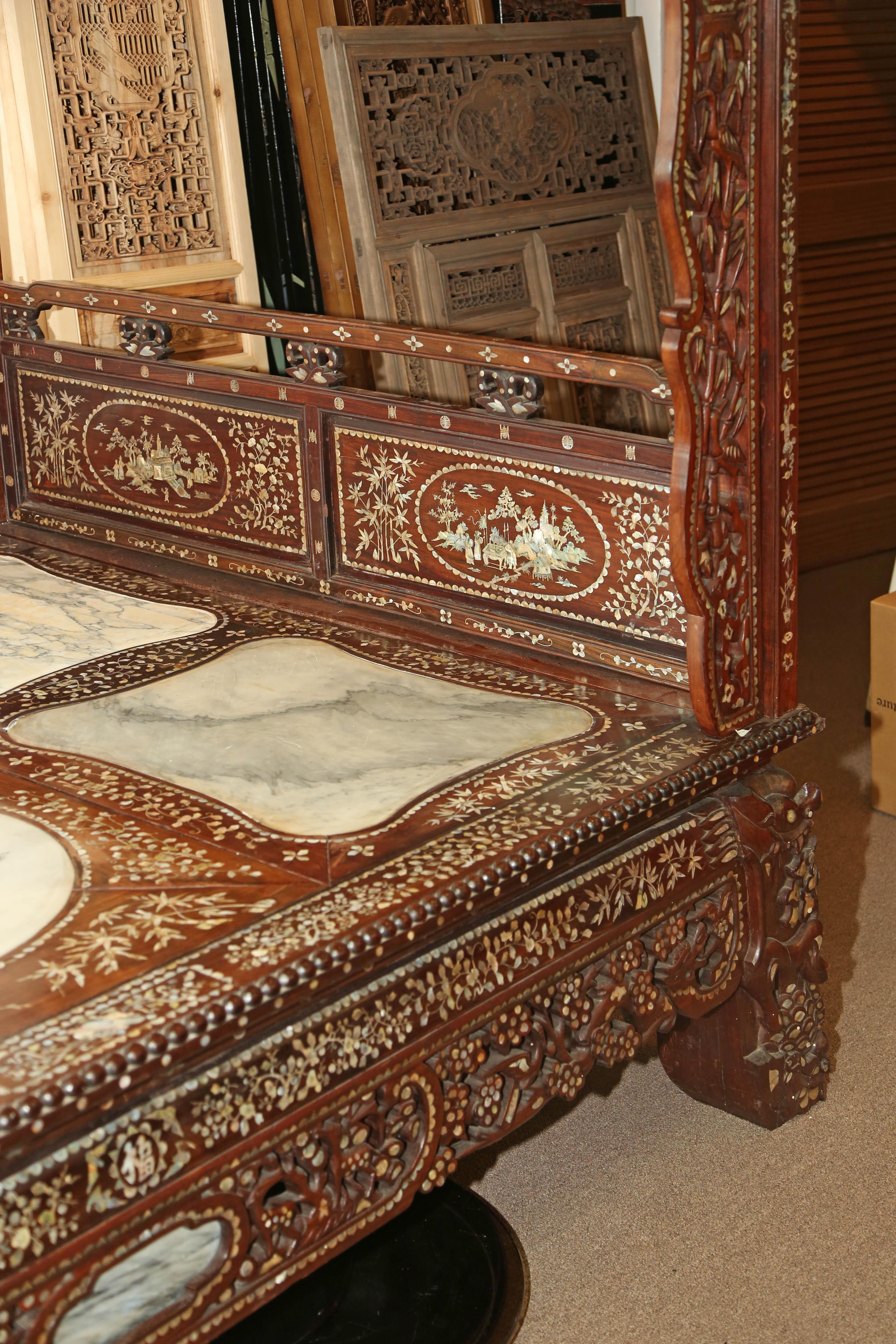 Chinese Wedding Bed, 19th Century Mother-of-Pearl Inlay Marble, Dragons, Royalty For Sale 4