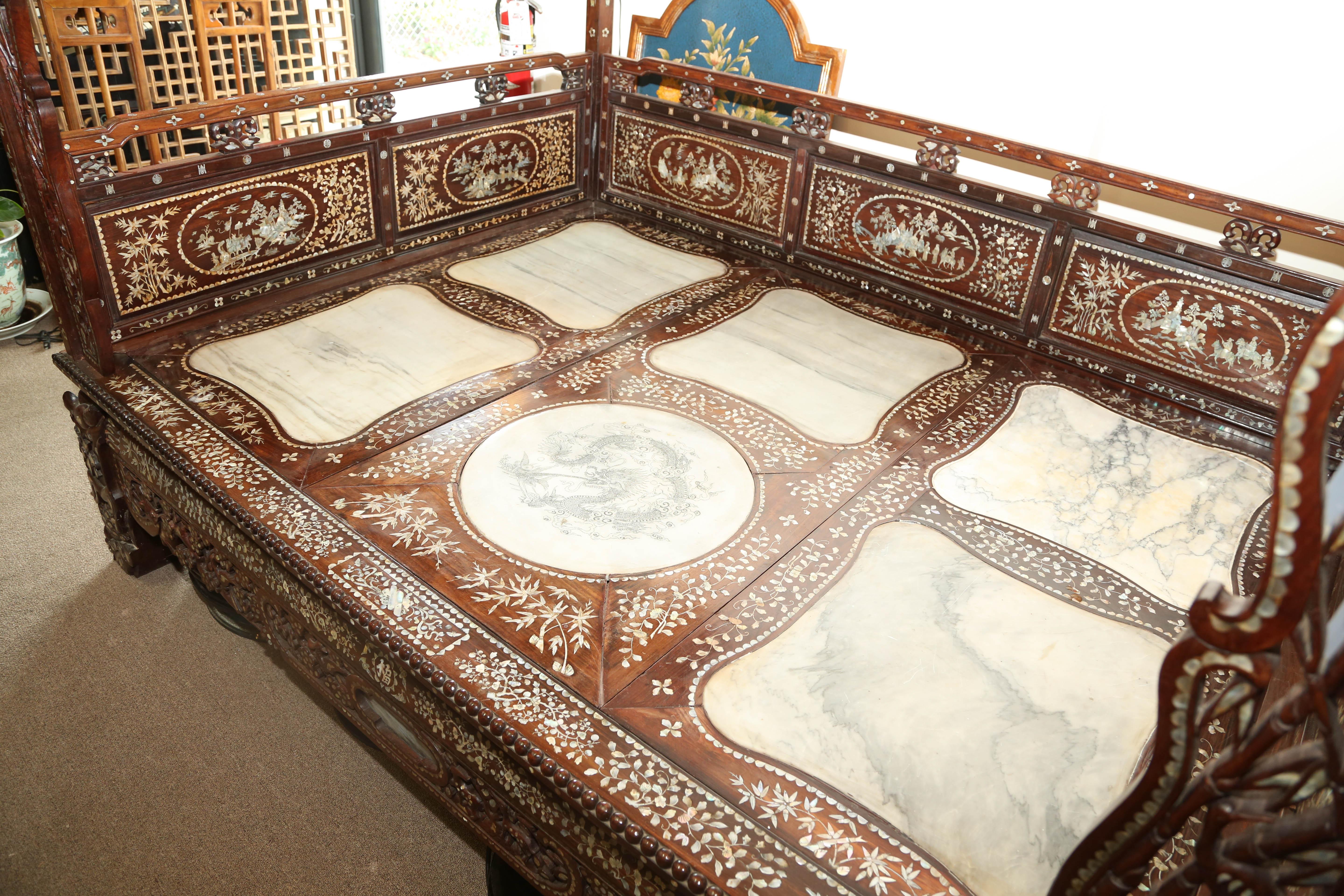 Chinese Wedding Bed, 19th Century Mother-of-Pearl Inlay Marble, Dragons, Royalty For Sale 5