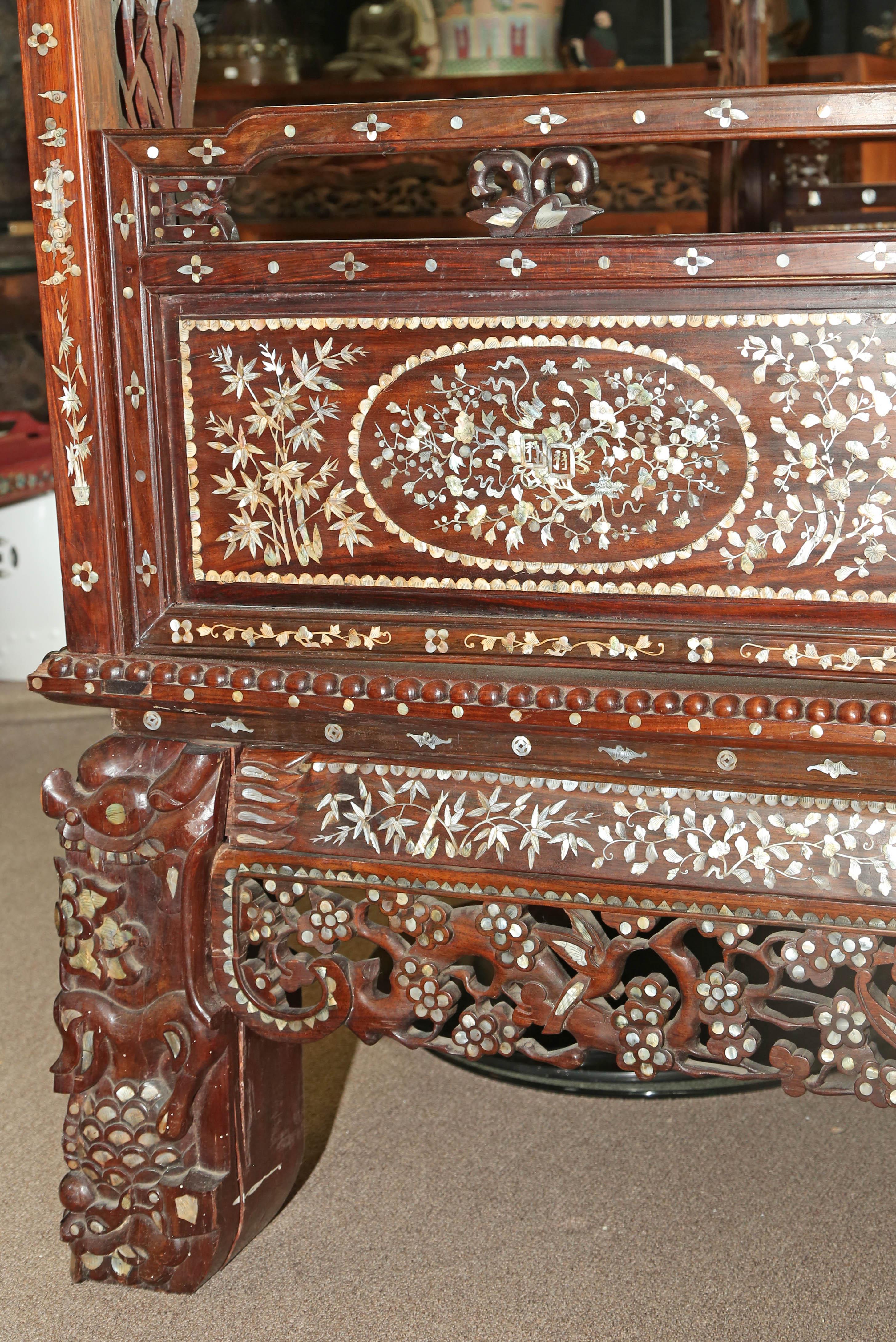 Chinese Wedding Bed, 19th Century Mother-of-Pearl Inlay Marble, Dragons, Royalty For Sale 6