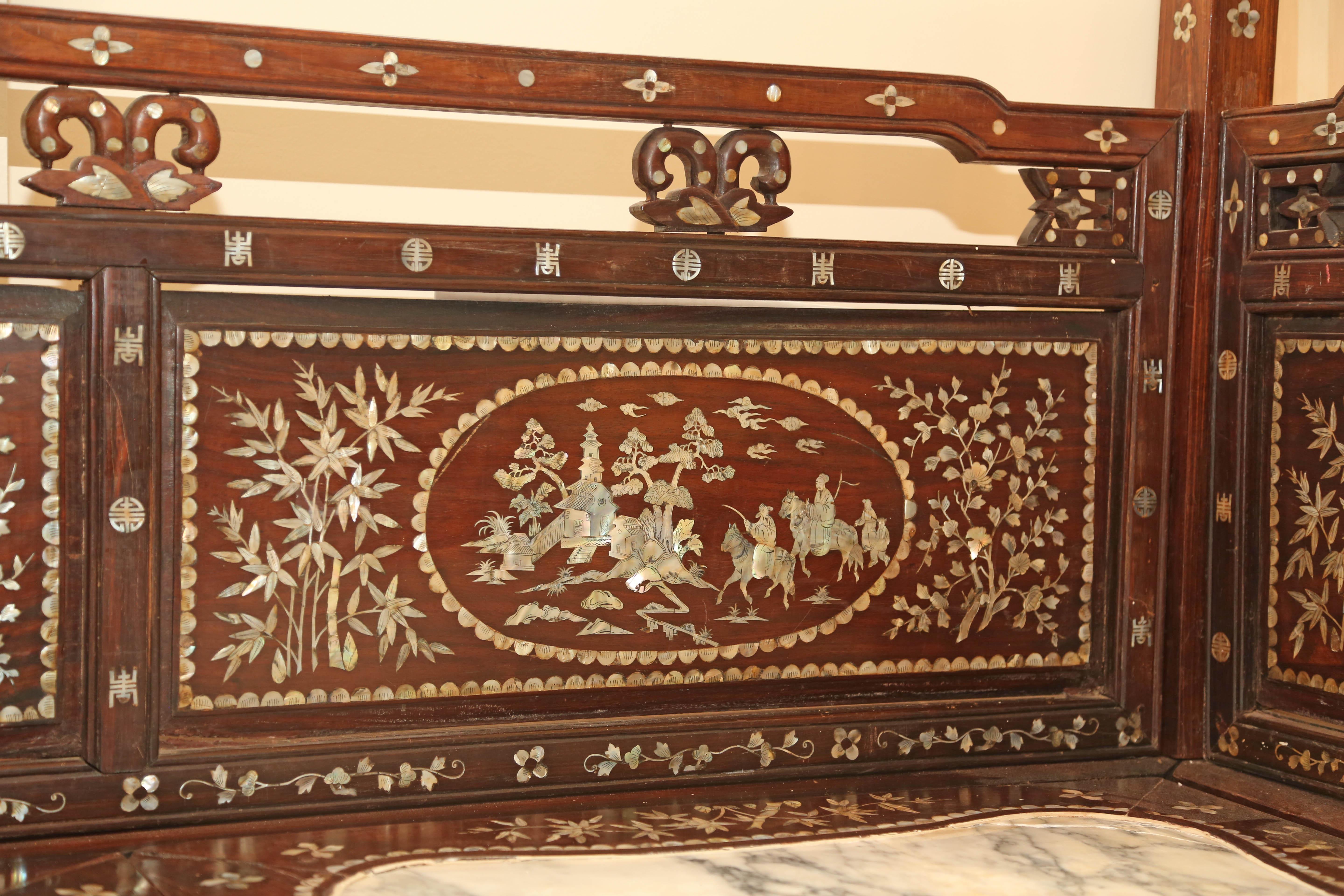 Chinese Wedding Bed, 19th Century Mother-of-Pearl Inlay Marble, Dragons, Royalty For Sale 8