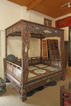 Chinese Wedding Bed, 19th Century Mother-of-Pearl Inlay Marble, Dragons, Royalty