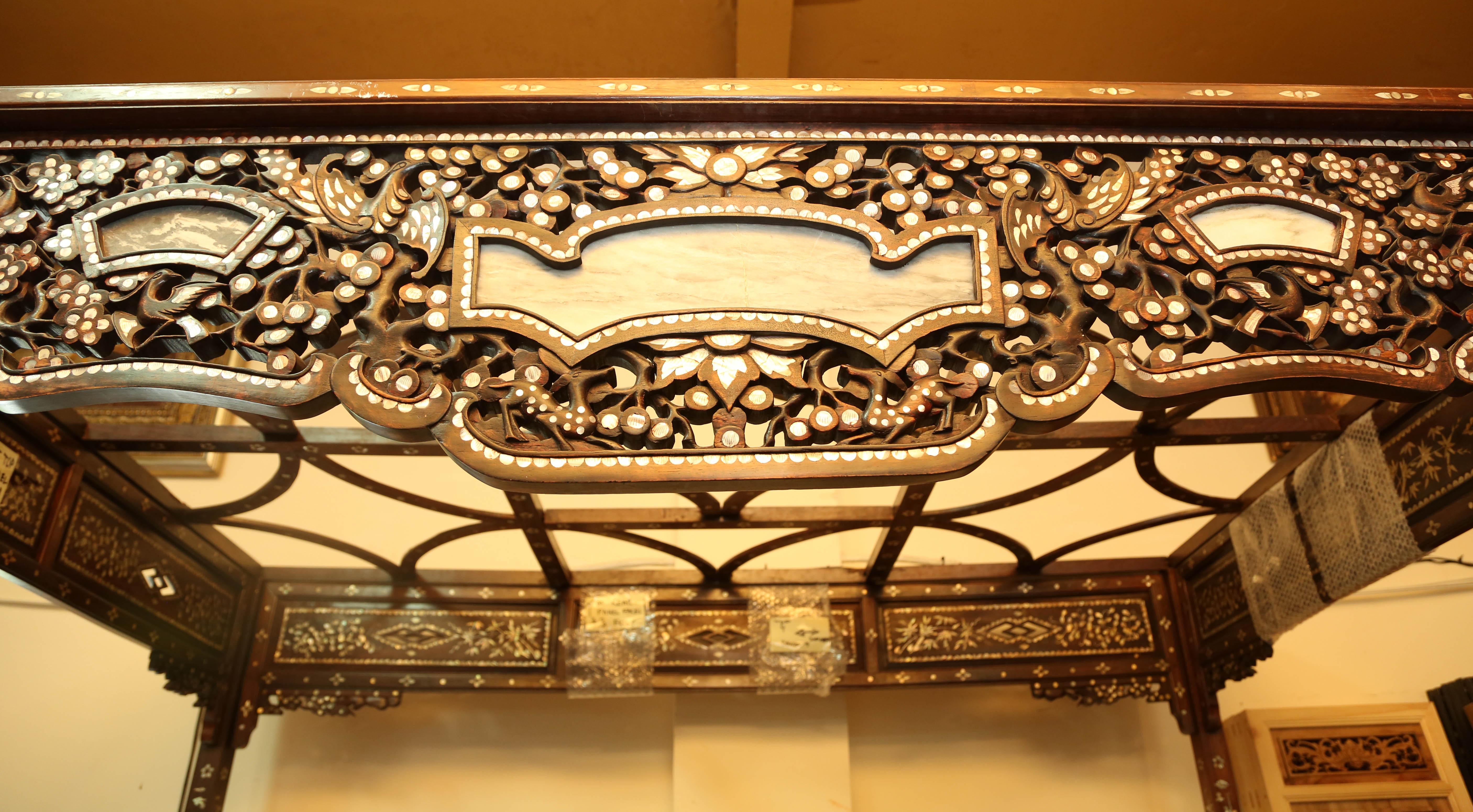 Chinese Export Chinese Wedding Bed, 19th Century Mother-of-Pearl Inlay Marble, Dragons, Royalty For Sale