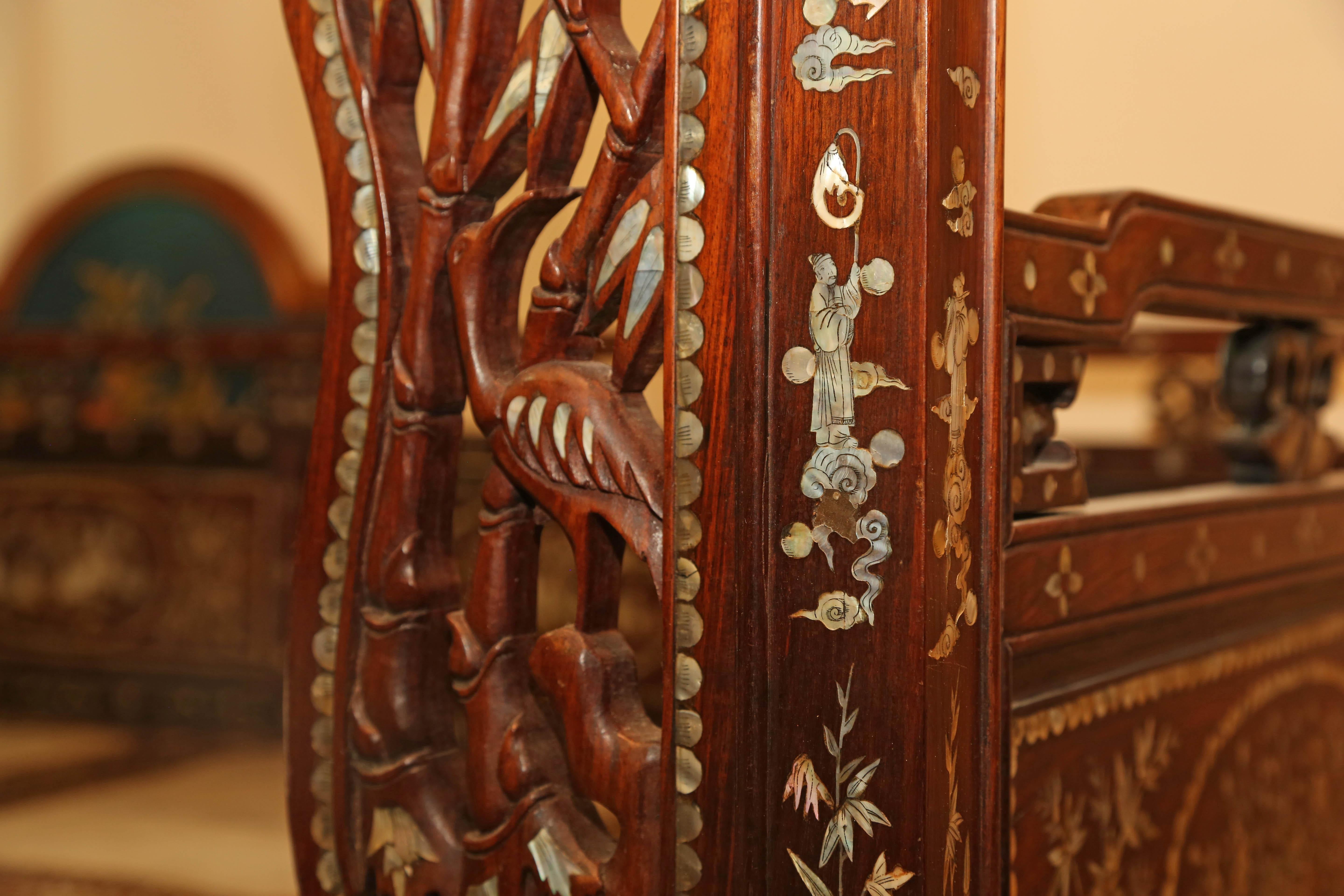 Chinese Wedding Bed, 19th Century Mother-of-Pearl Inlay Marble, Dragons, Royalty For Sale 1