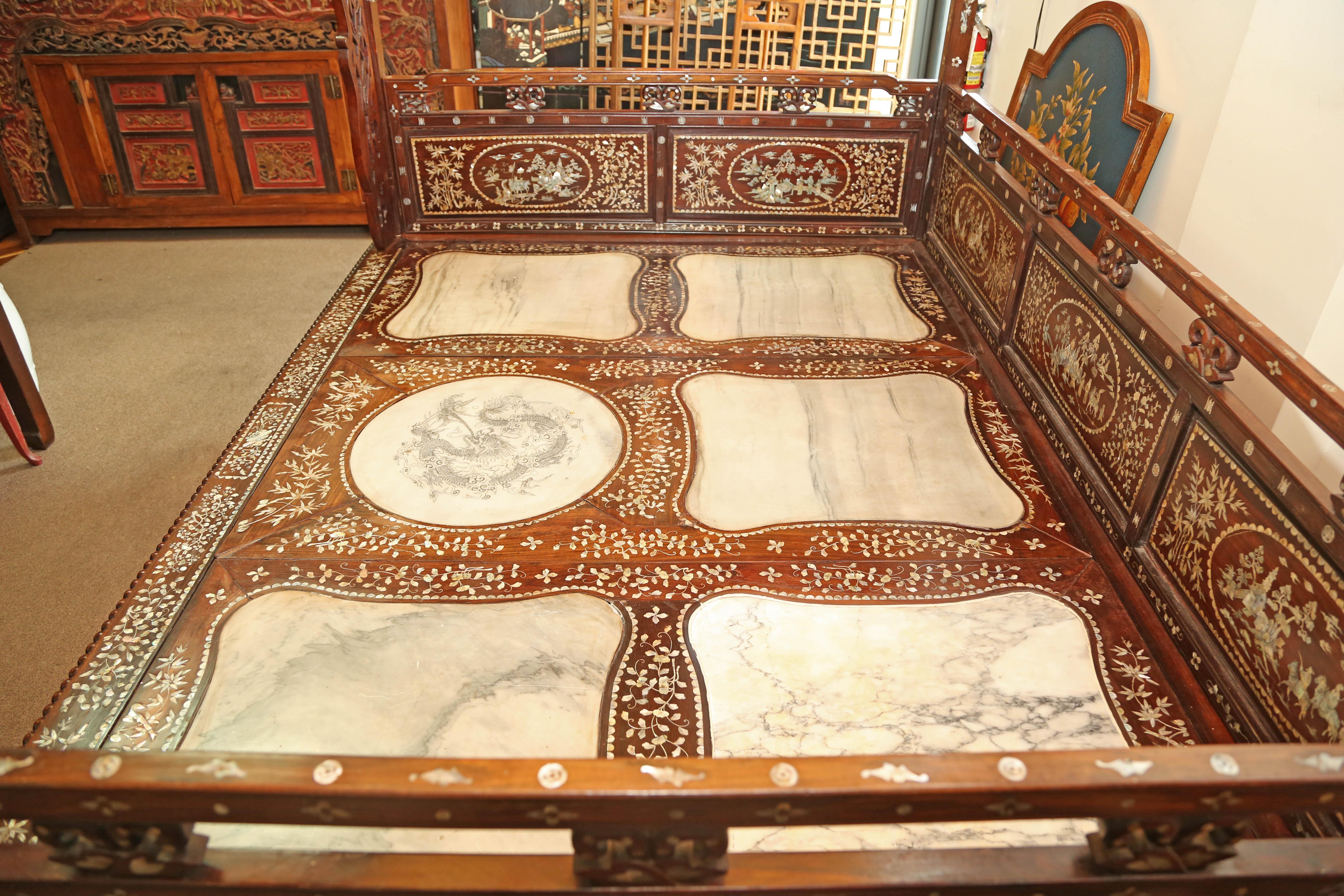 Chinese Wedding Bed, 19th Century Mother-of-Pearl Inlay Marble, Dragons, Royalty For Sale 2