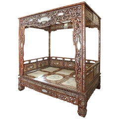 Antique Chinese Wedding Bed, 19th Century Mother-of-Pearl Inlay Marble, Dragons, Royalty