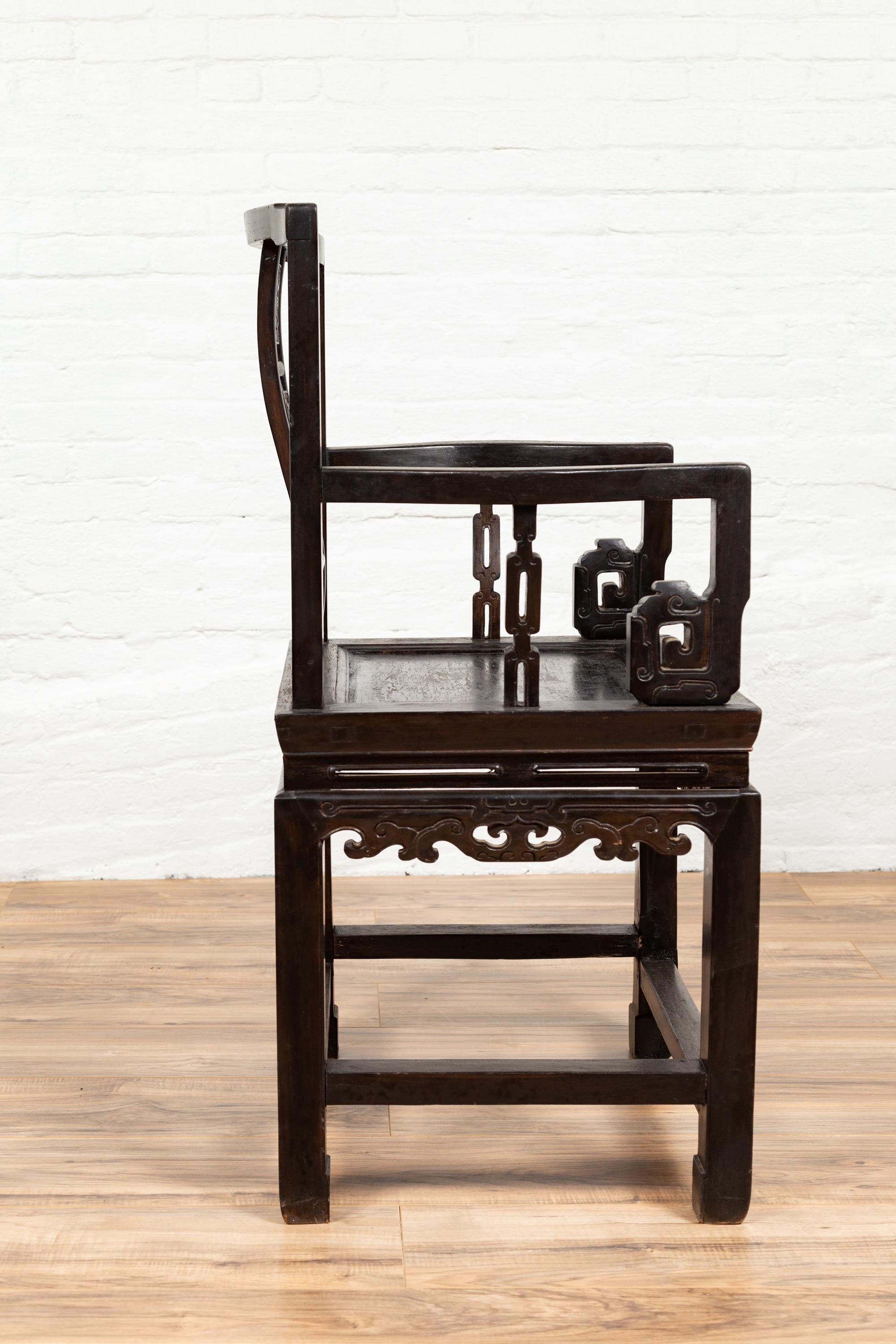Chinese Wedding Chair with Curvy Pierced Splat, Serpentine Arms and Dark Patina For Sale 6