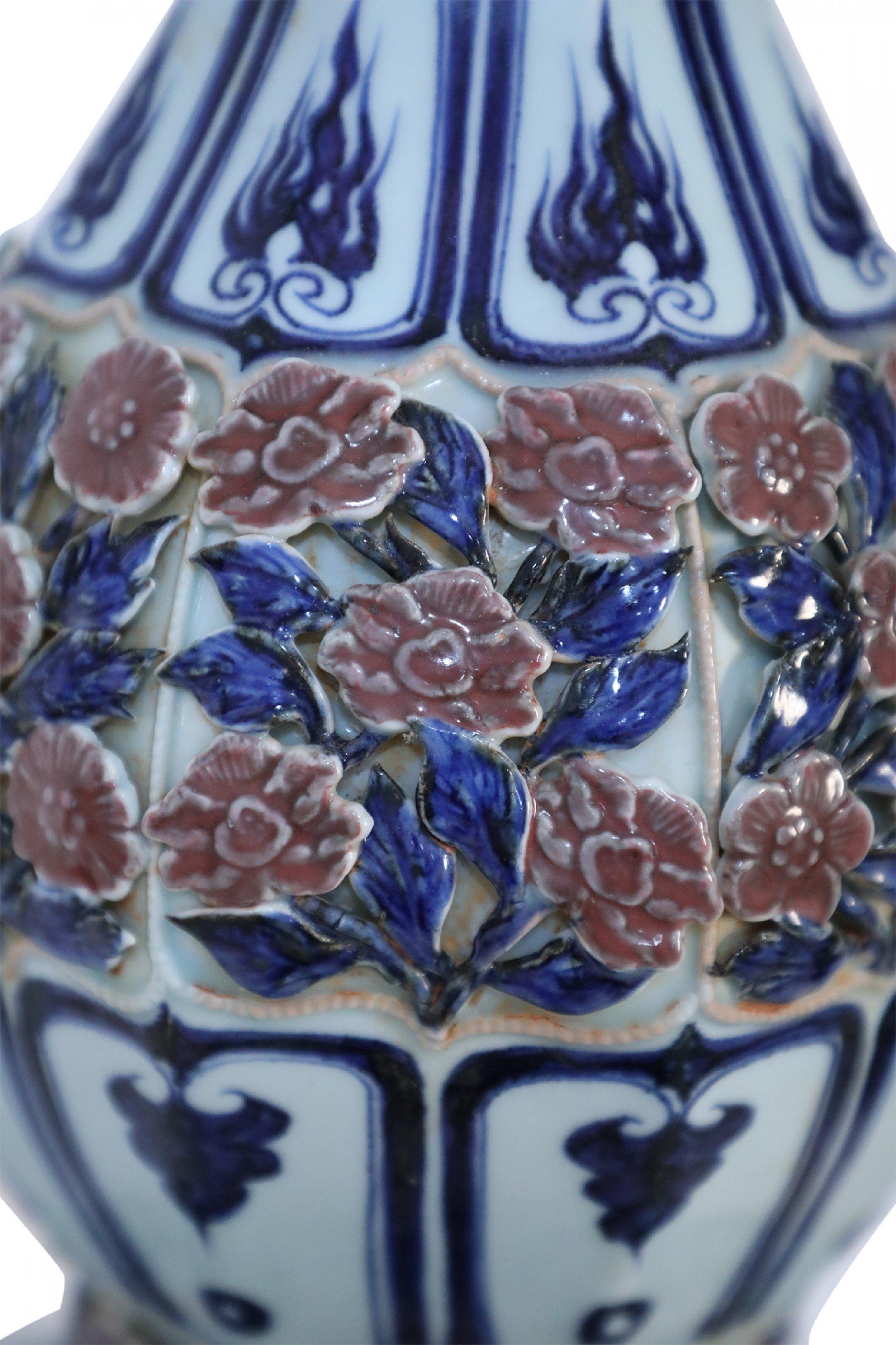 Chinese White and Blue and Raised Rose Design Double Gourd Porcelain Vase 5