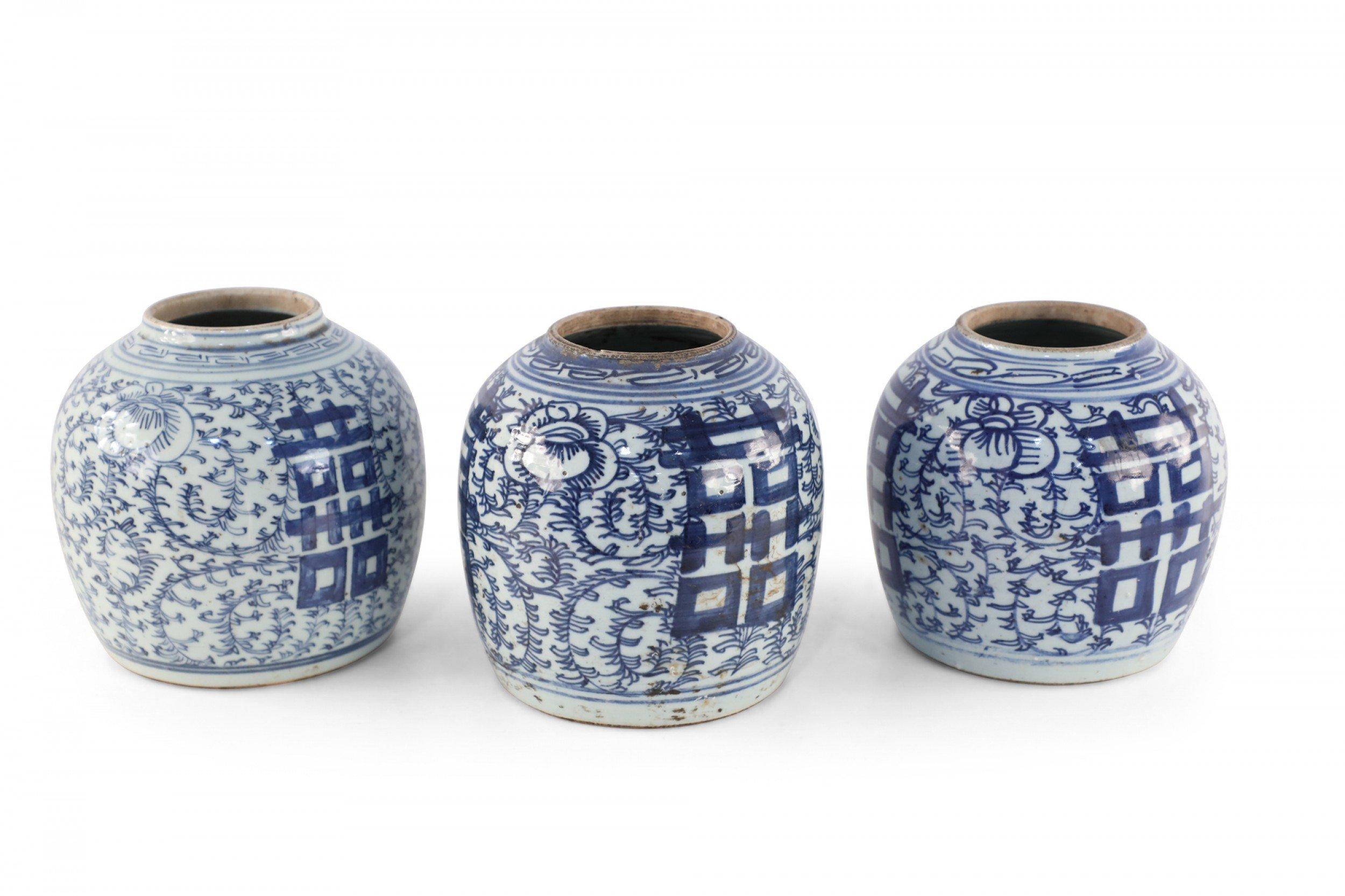 Chinese White and Blue Character and Floral Ginger Jar Vases For Sale 2