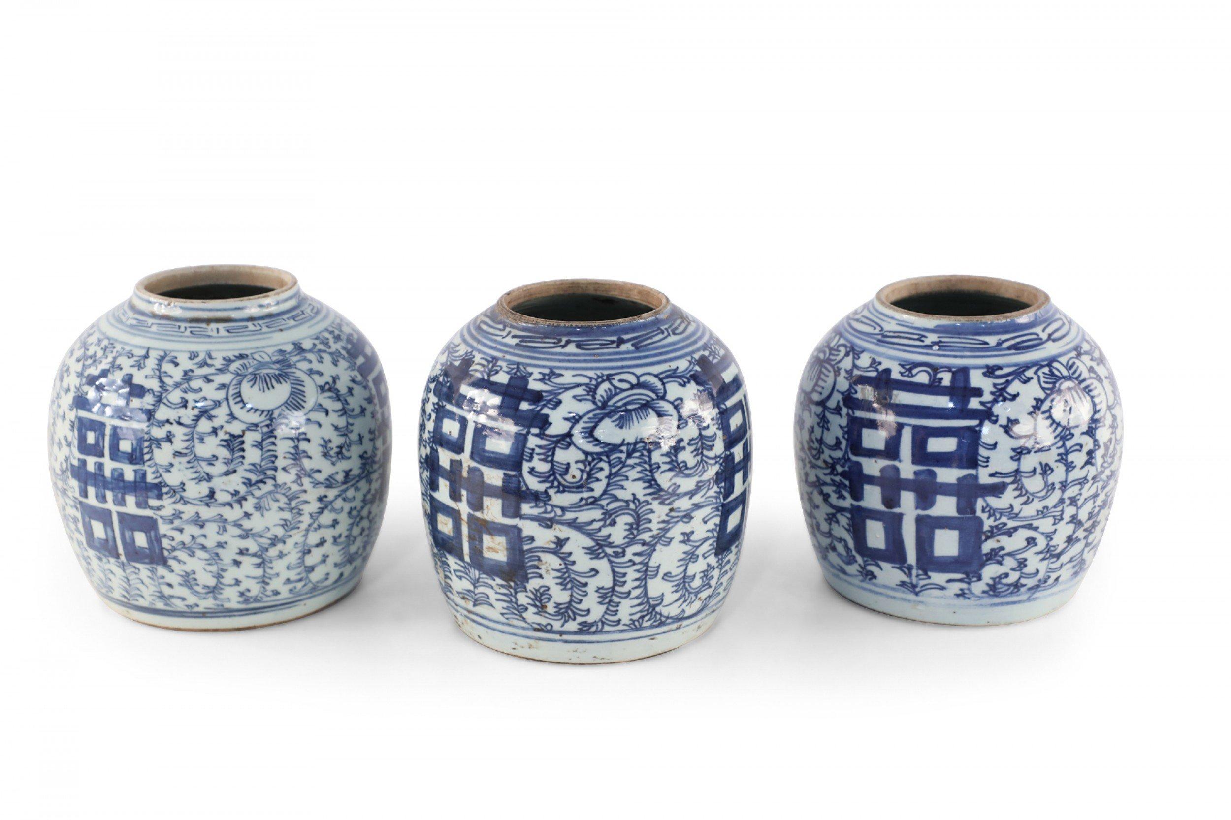 Chinese White and Blue Character and Floral Ginger Jar Vases For Sale 3