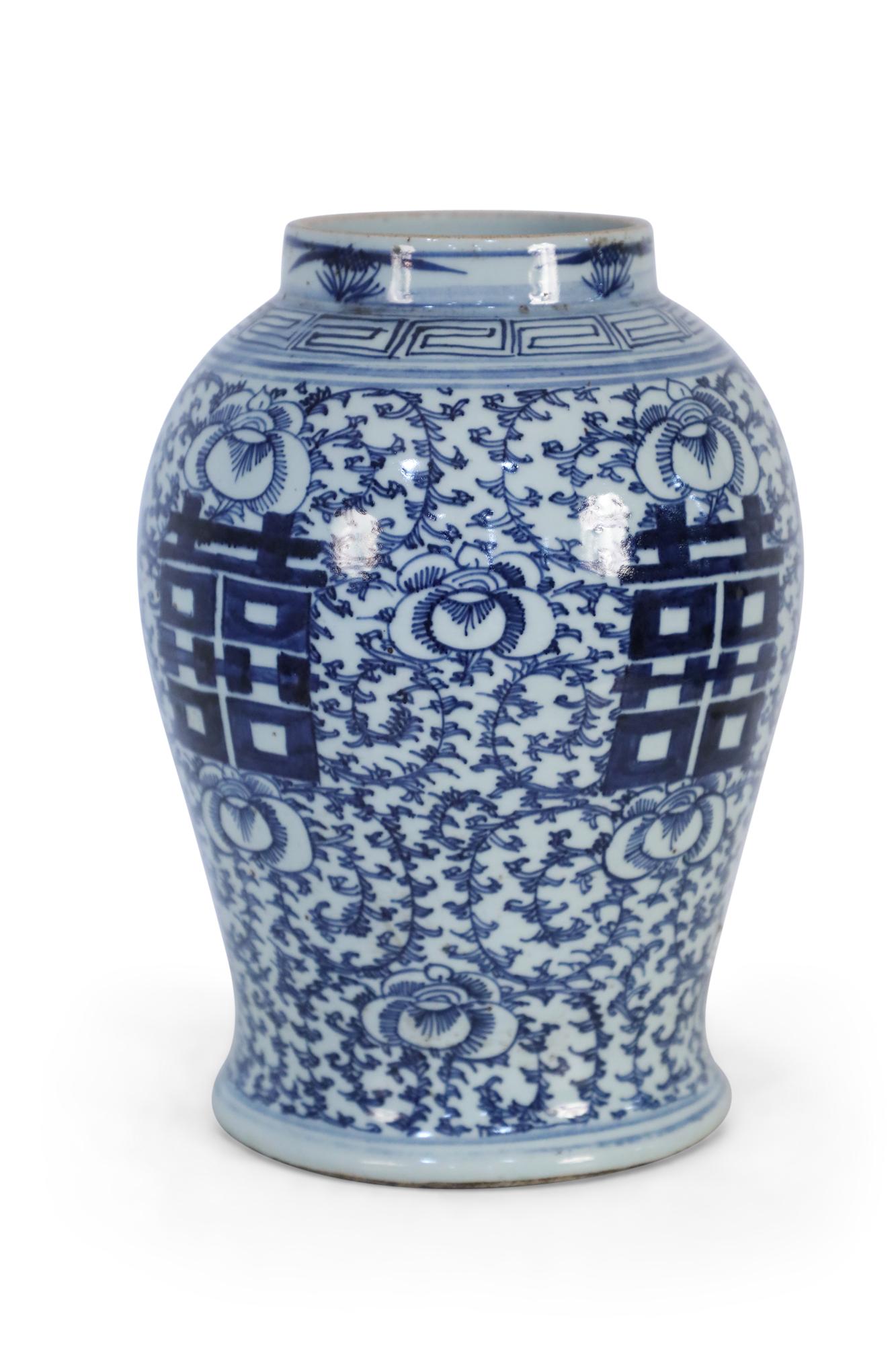 Antique Chinese (Late 19th Century) ceramic urn with blue floral designs surrounding bold, centered characters on 4 sides.
 