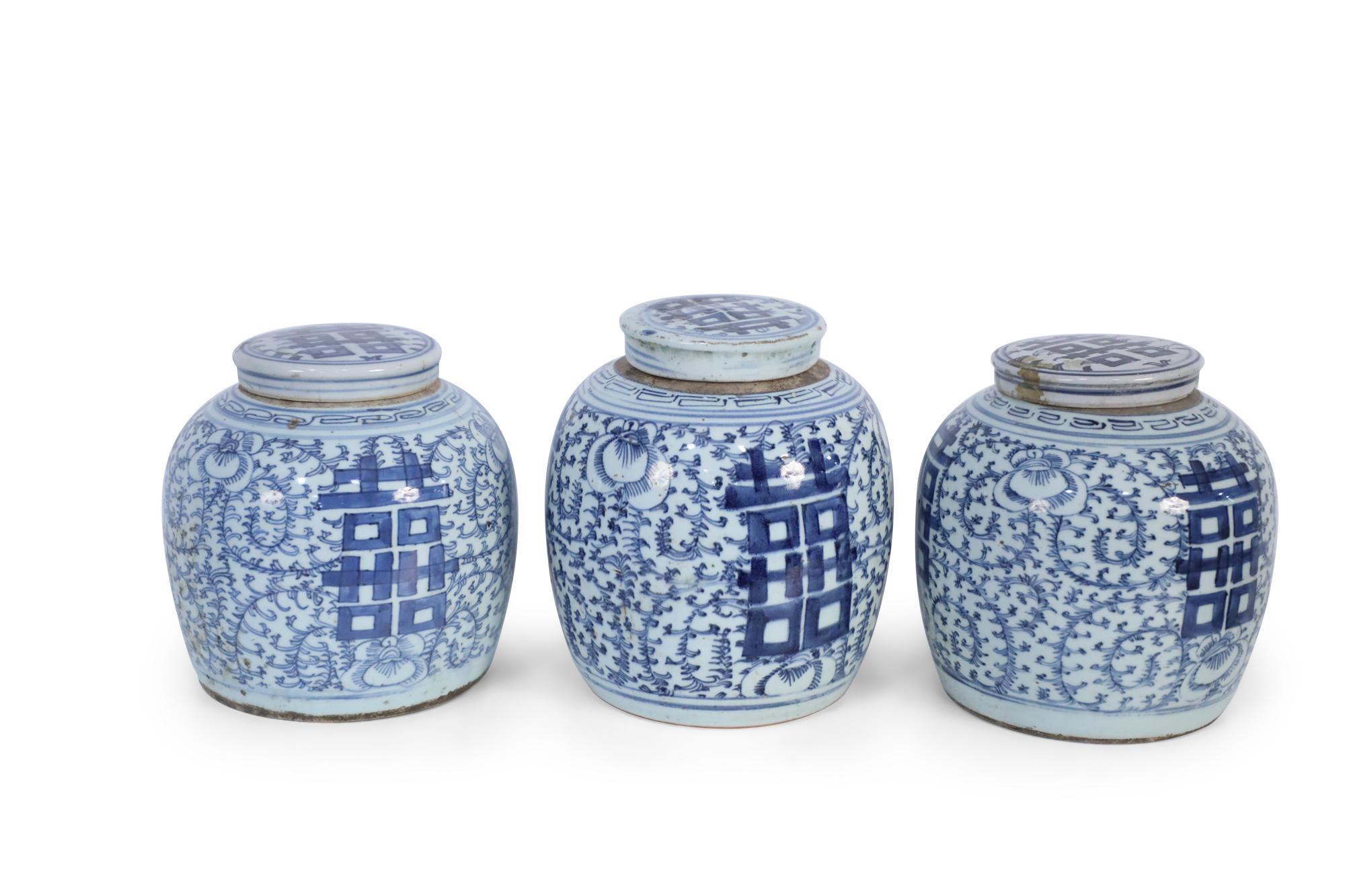 19th Century Chinese White and Blue Character Lidded Ginger Jar Vases For Sale