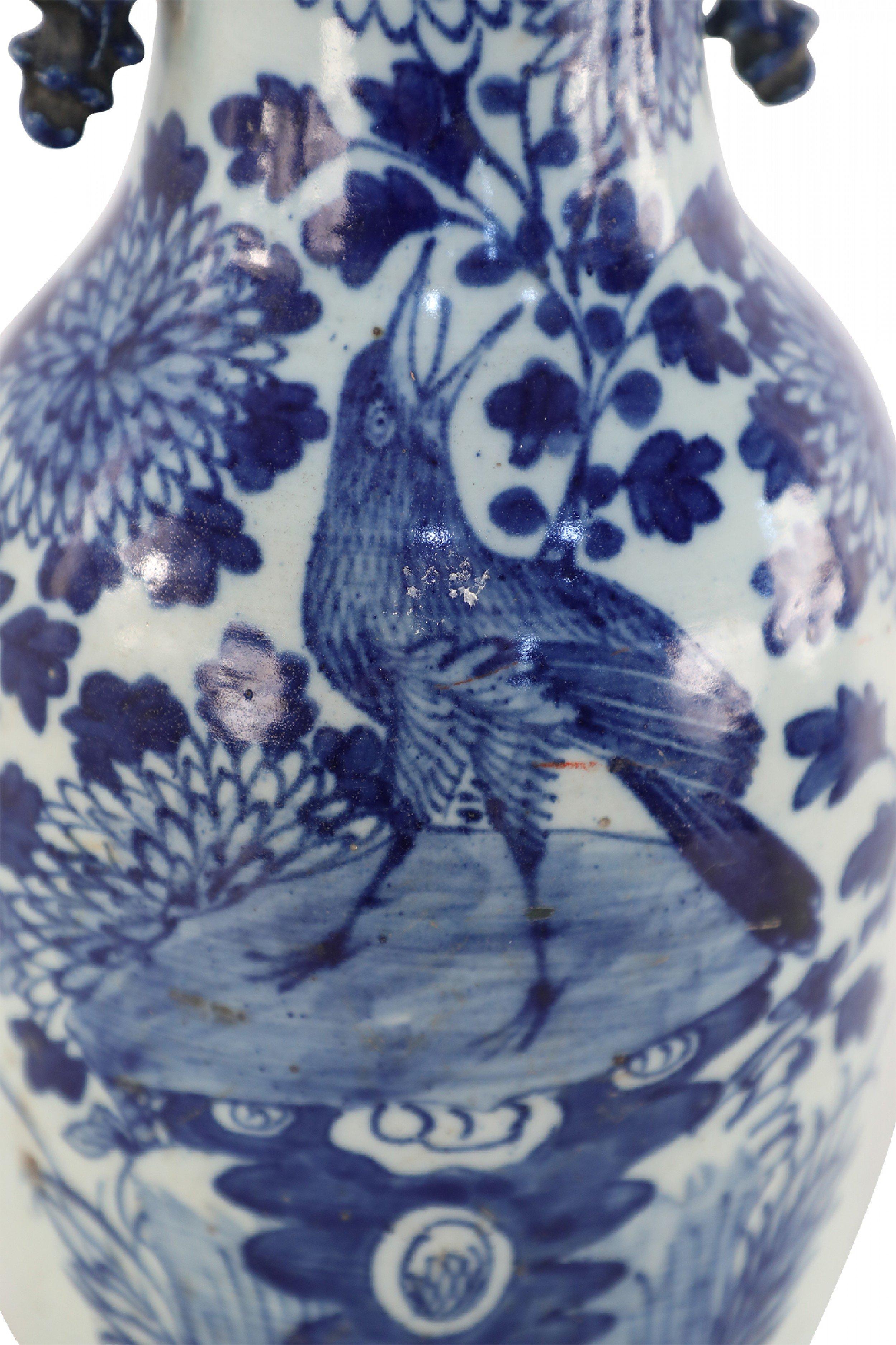 Chinese Export Chinese White and Blue Chrysanthemum and Bird Porcelain Urn For Sale