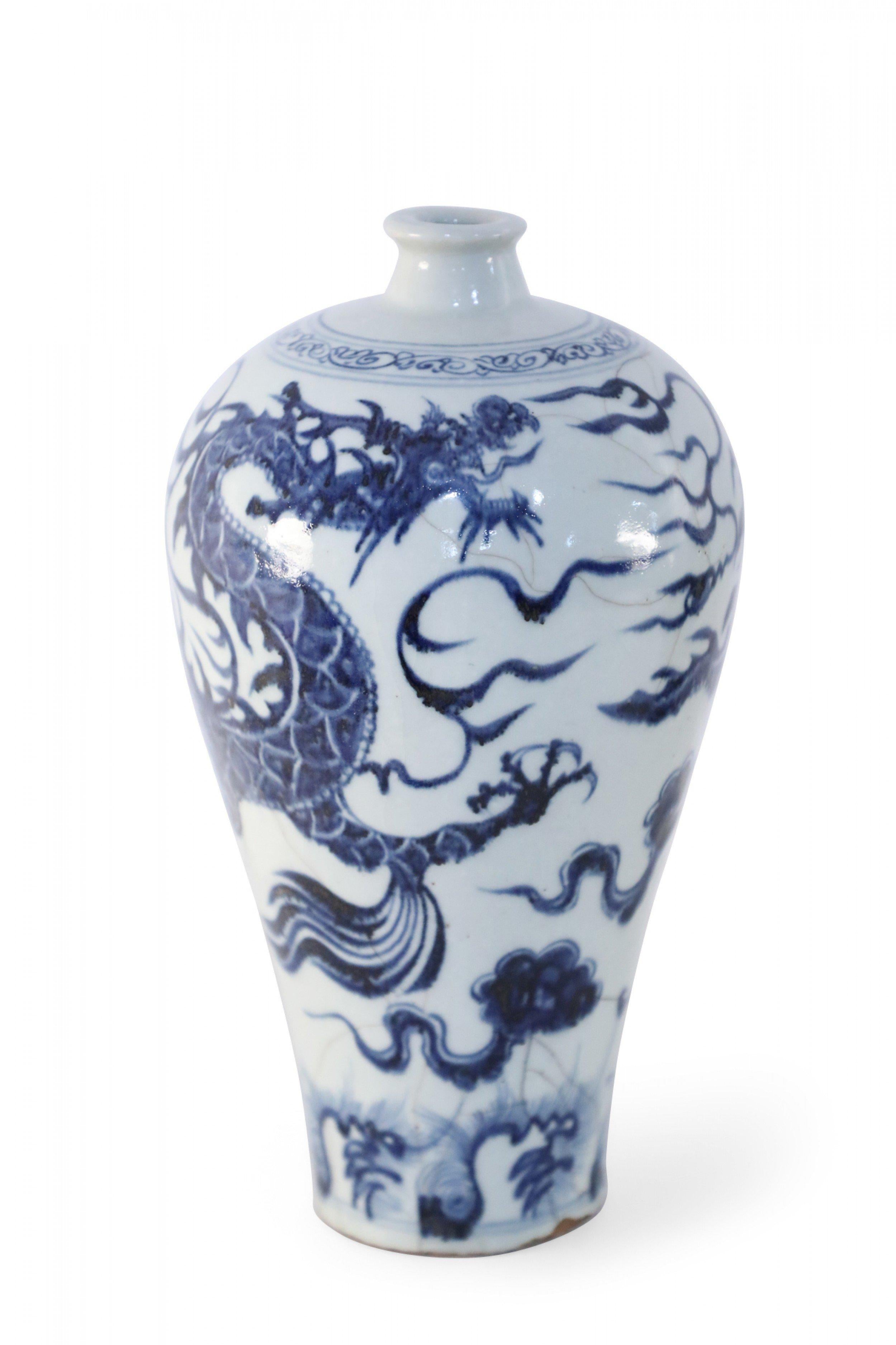 Chinese White and Blue Dragon Design Porcelain Meiping Vase 1