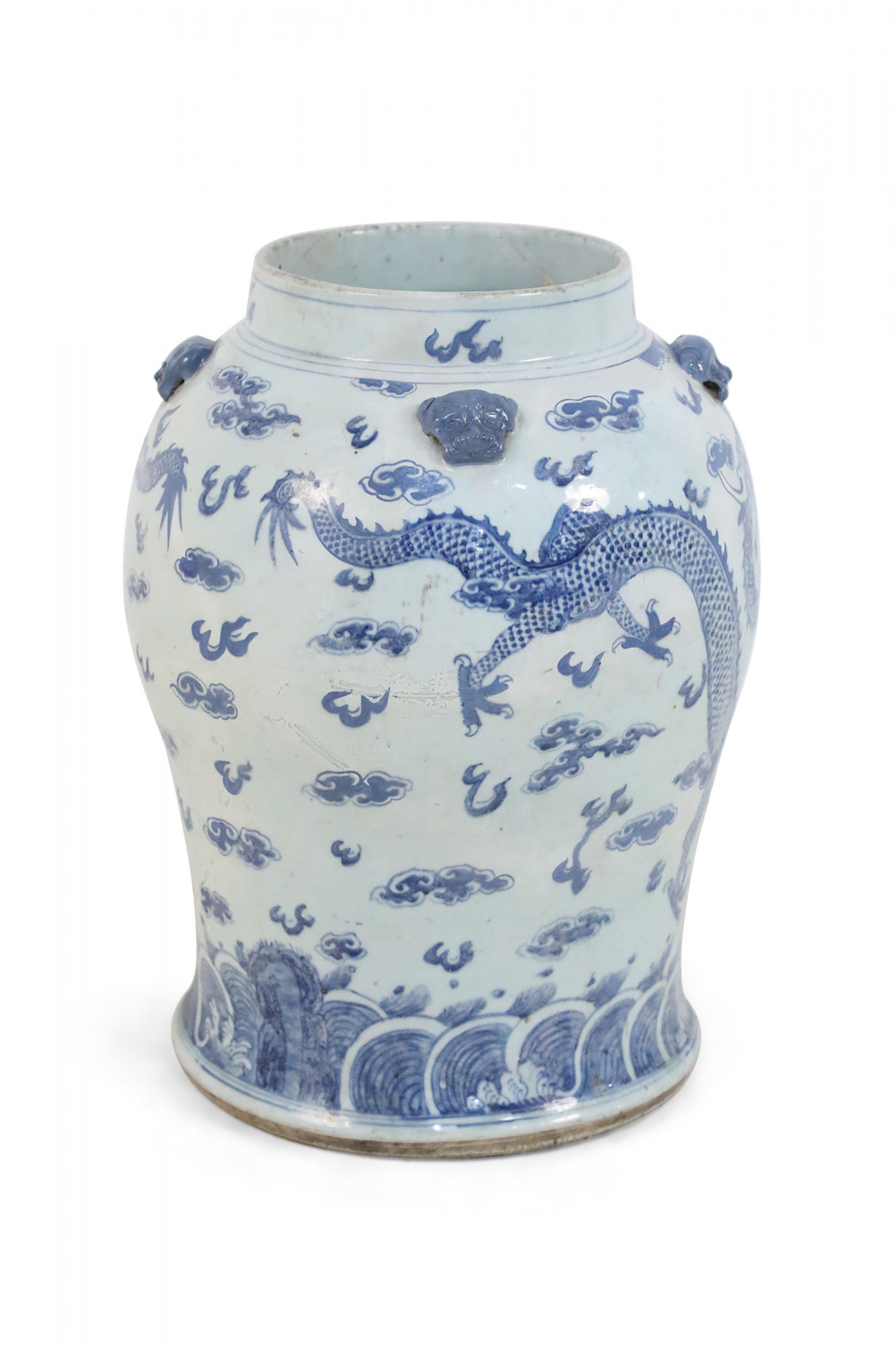 Chinese White and Blue Dragon Motif Porcelain Floor Urn For Sale 1