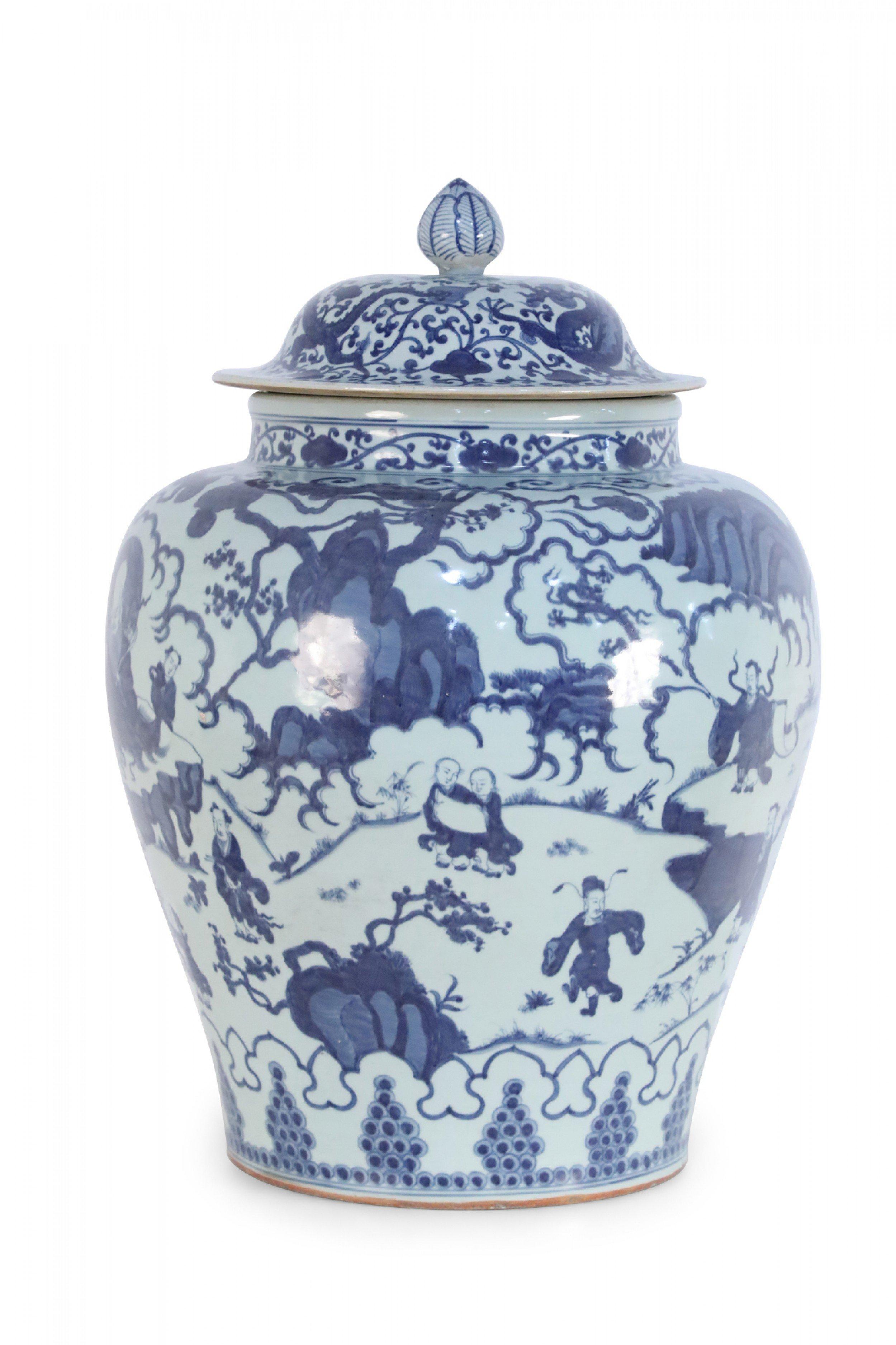 Chinese Export Chinese White and Blue Figurative Porcelain Ginger Jar