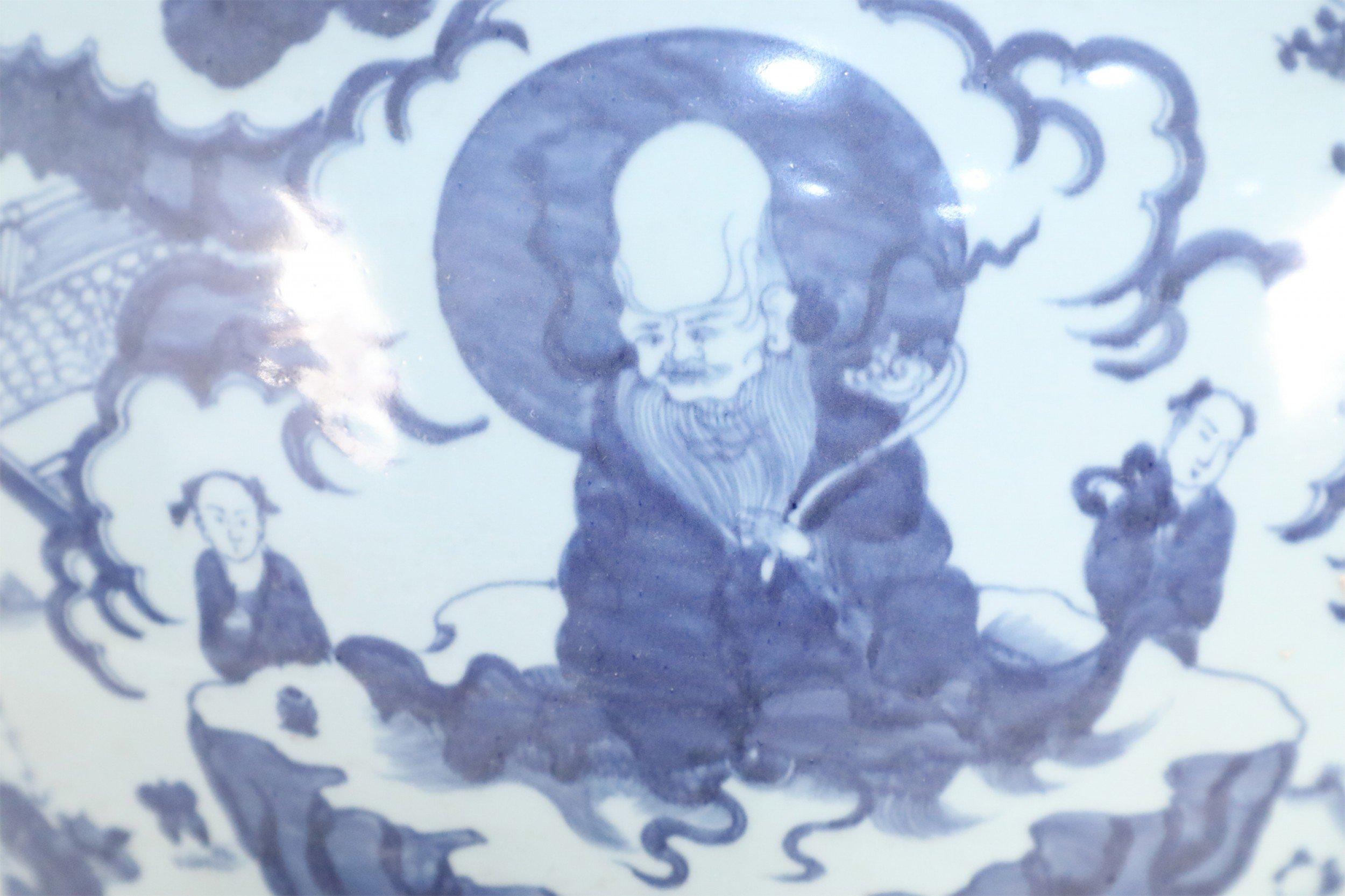 20th Century Chinese White and Blue Figurative Porcelain Ginger Jar
