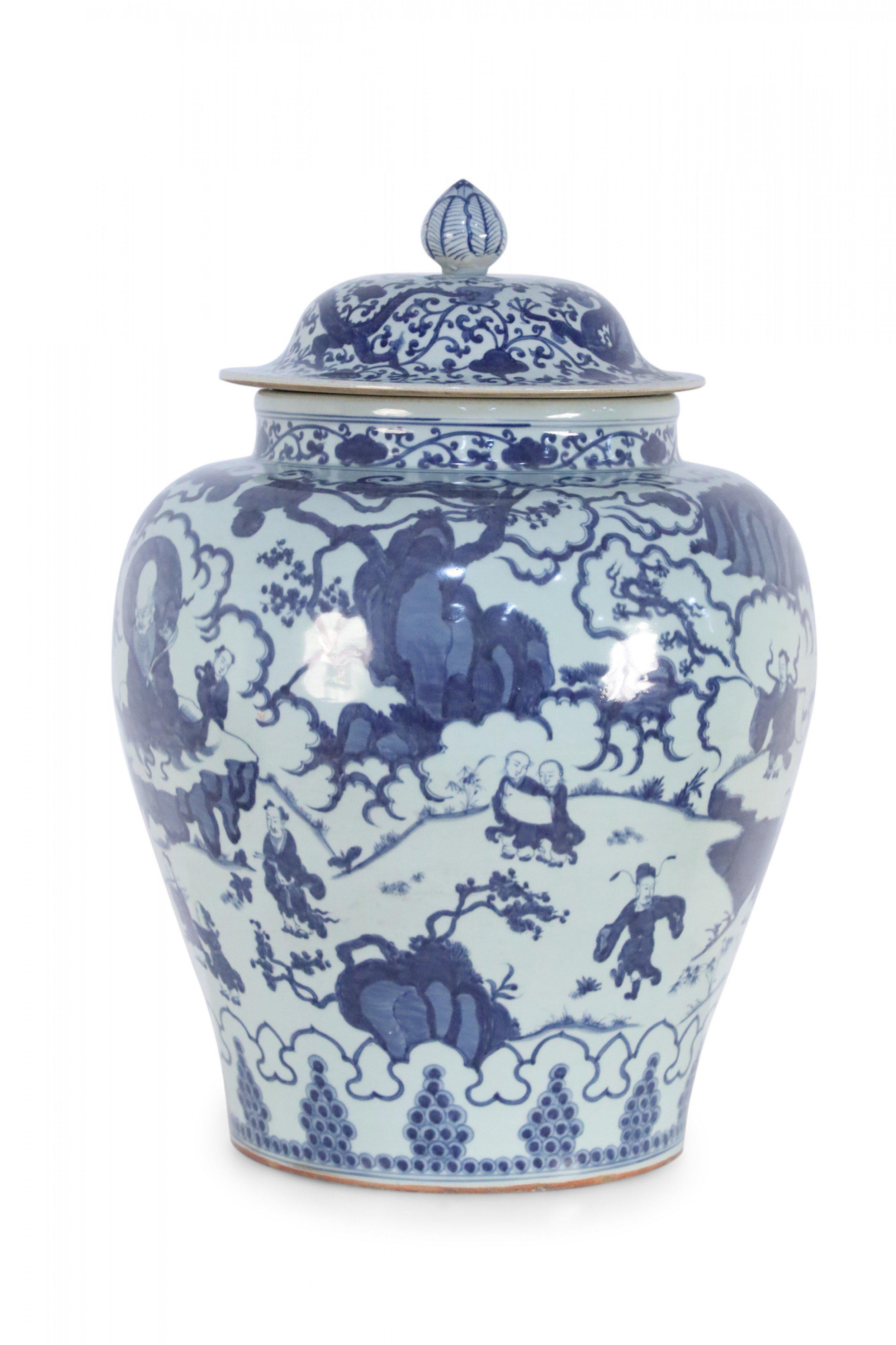Chinese White and Blue Figurative Porcelain Ginger Jar 2