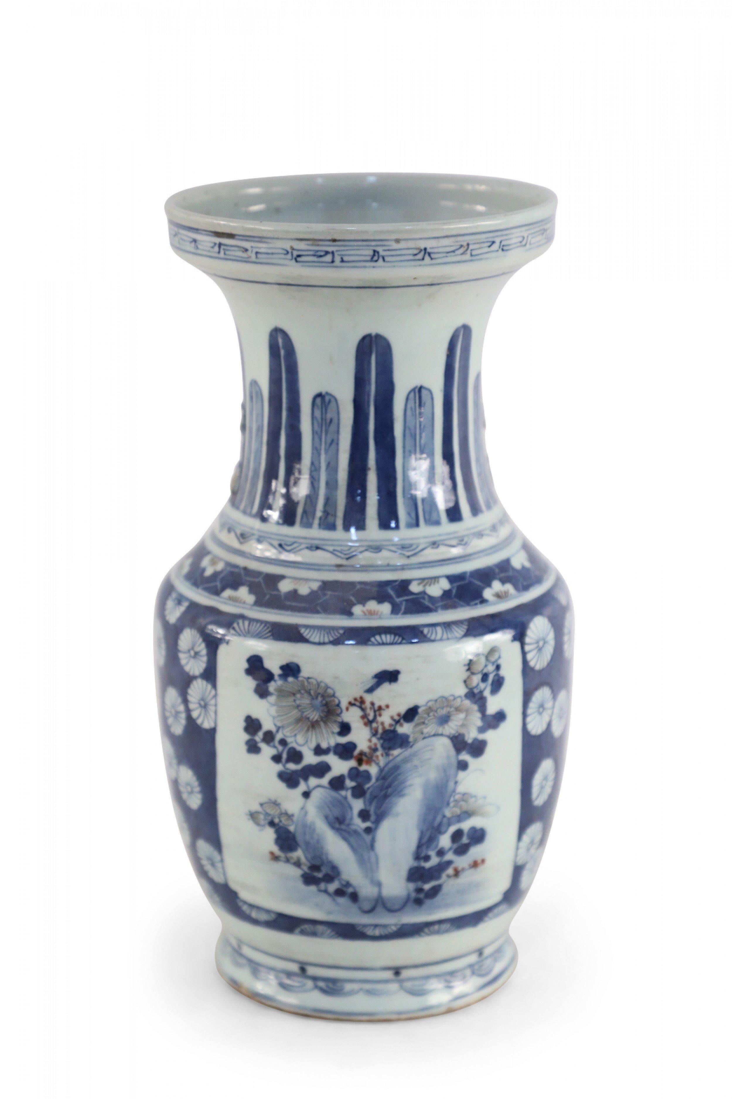 Chinese Export Chinese White and Blue Floral and Feather Motif Porcelain Urn For Sale