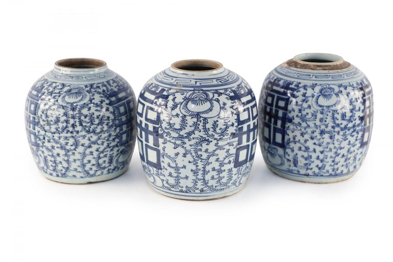 Chinese White and Blue Floral Ginger Jar Vases For Sale 1