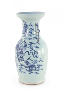 Chinese White and Blue Foo Dog Design Porcelain Urn