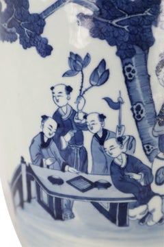 Chinese White and Blue Gaming Scene Table Lamp