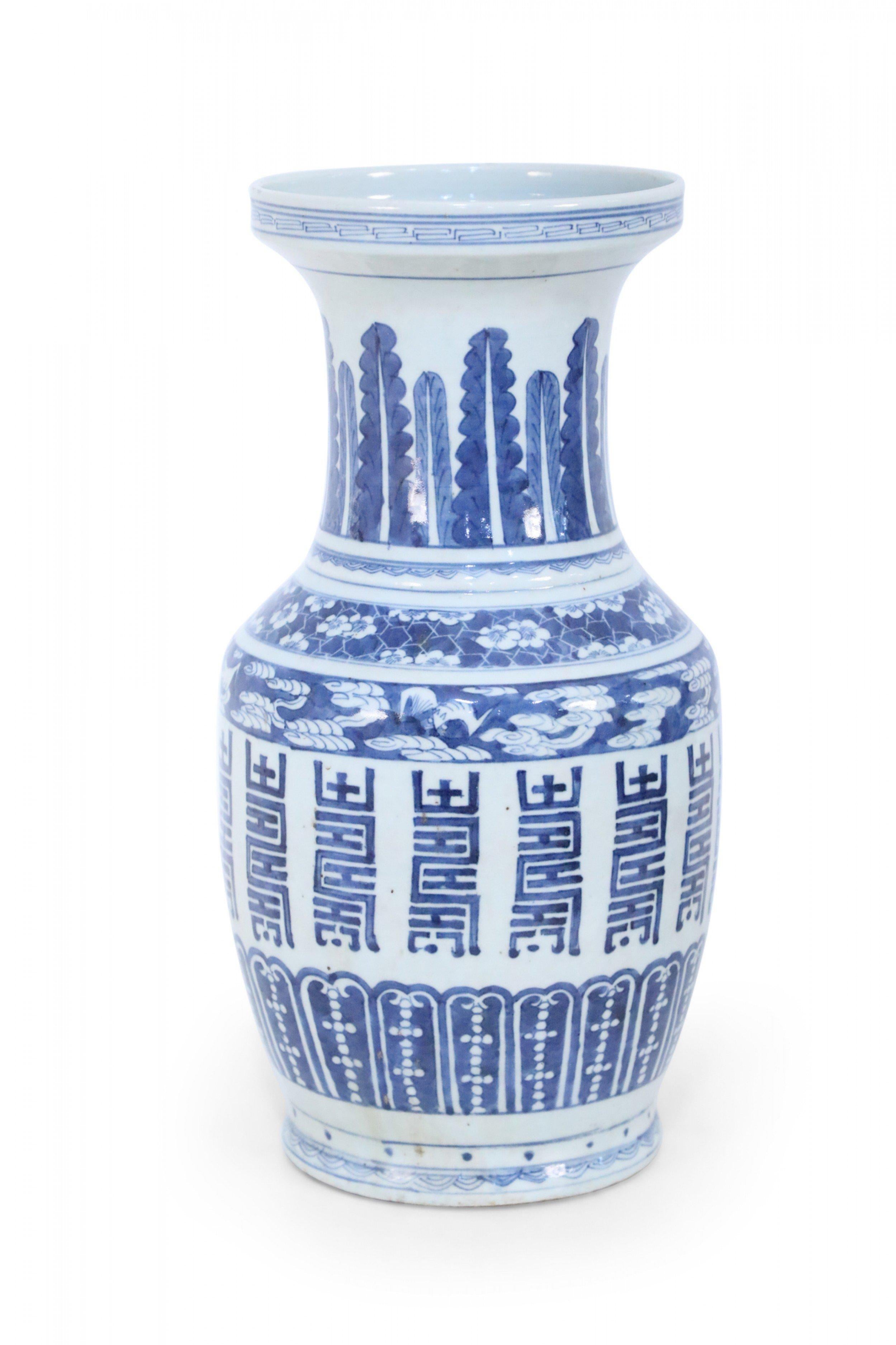 Chinese white porcelain urn painted with a variety of blue, decorative patterns, including feathers and bold vertical markings, that are proportionally balanced to create a harmonious design.
     