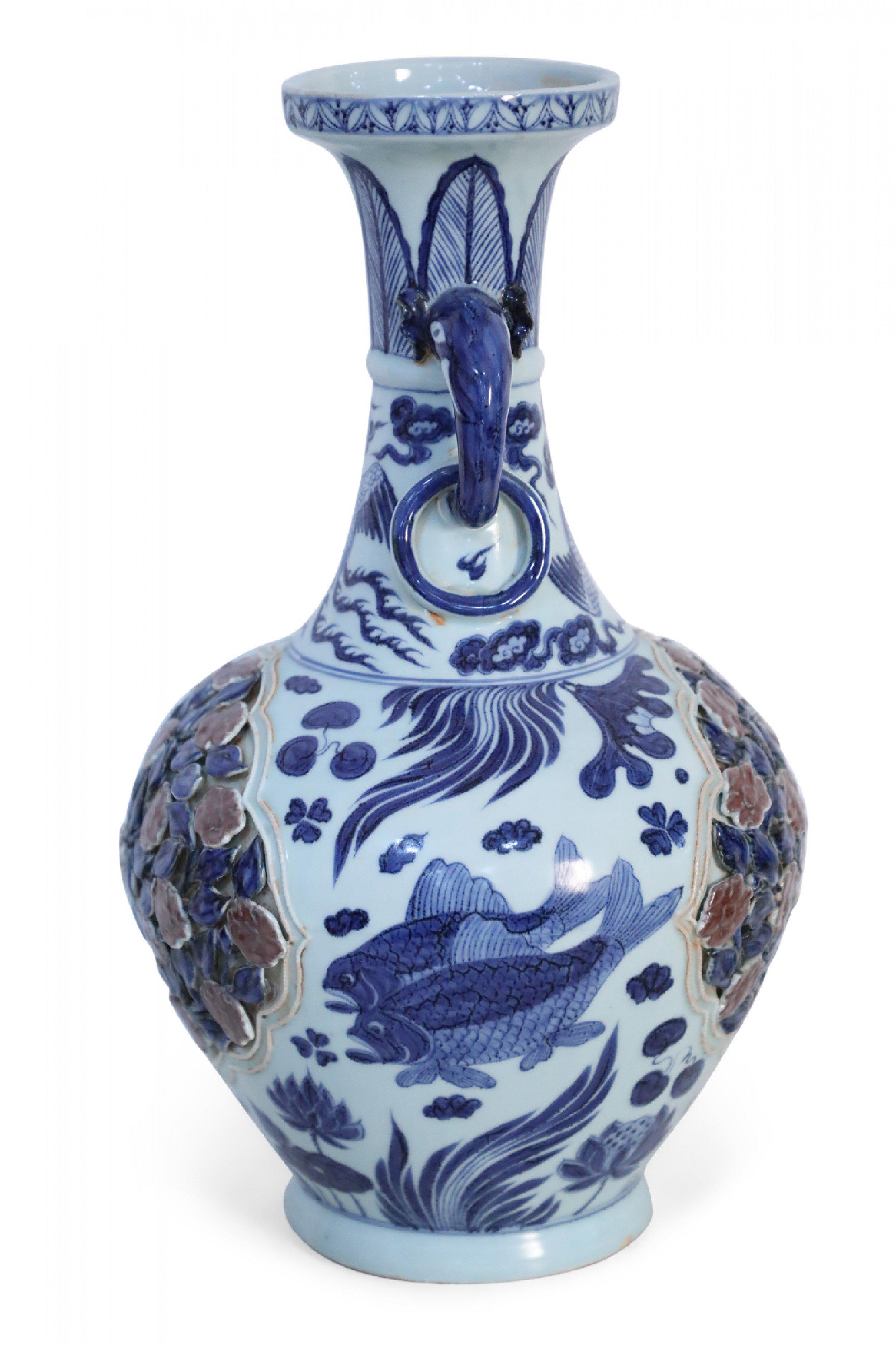 Chinese Export Chinese White and Blue Raised Rose Bush Design Porcelain Vase