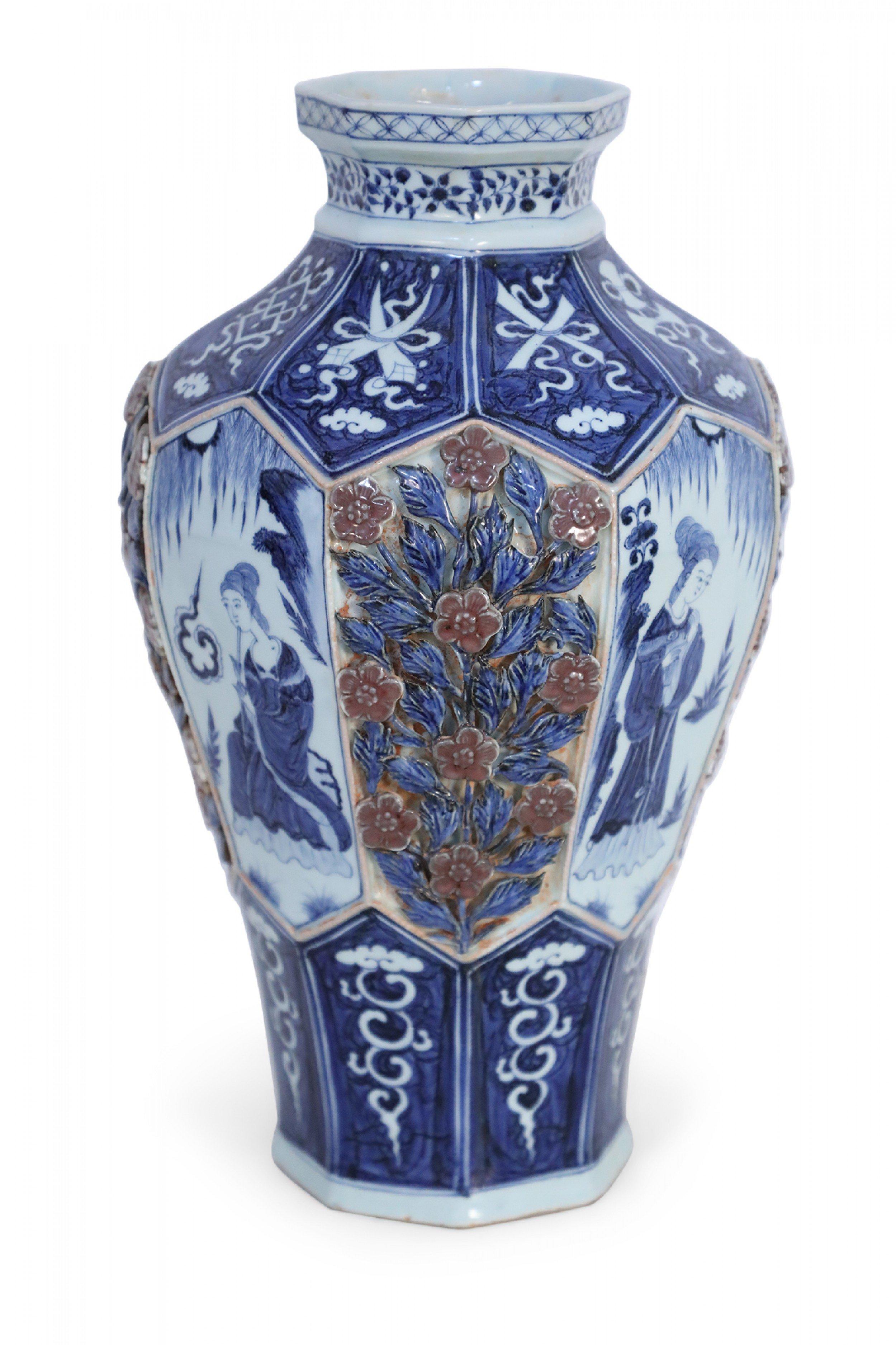 Chinese White and Blue Raised Rose Design Octagonal Porcelain Vase 5
