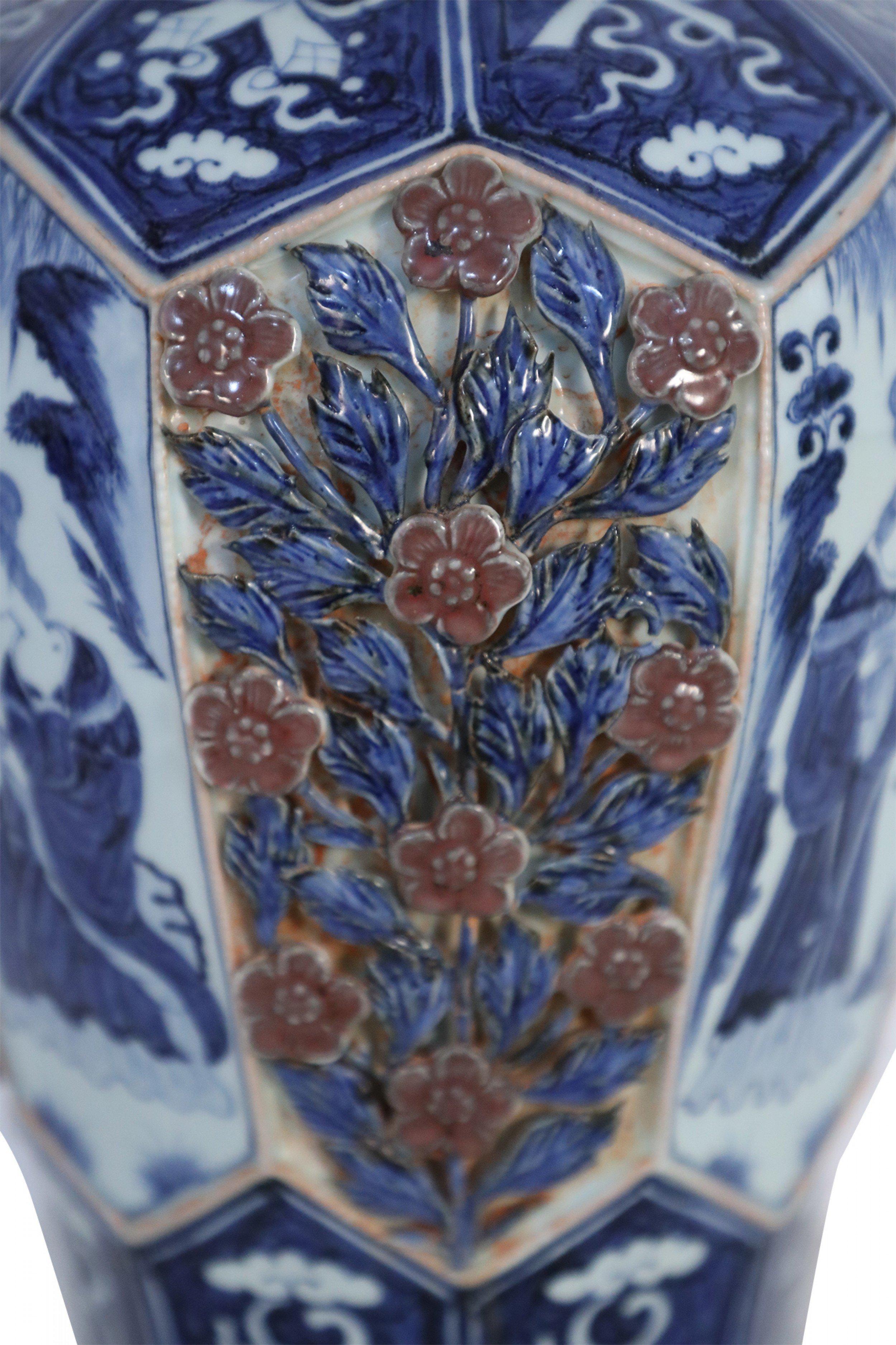 Chinese White and Blue Raised Rose Design Octagonal Porcelain Vase 6