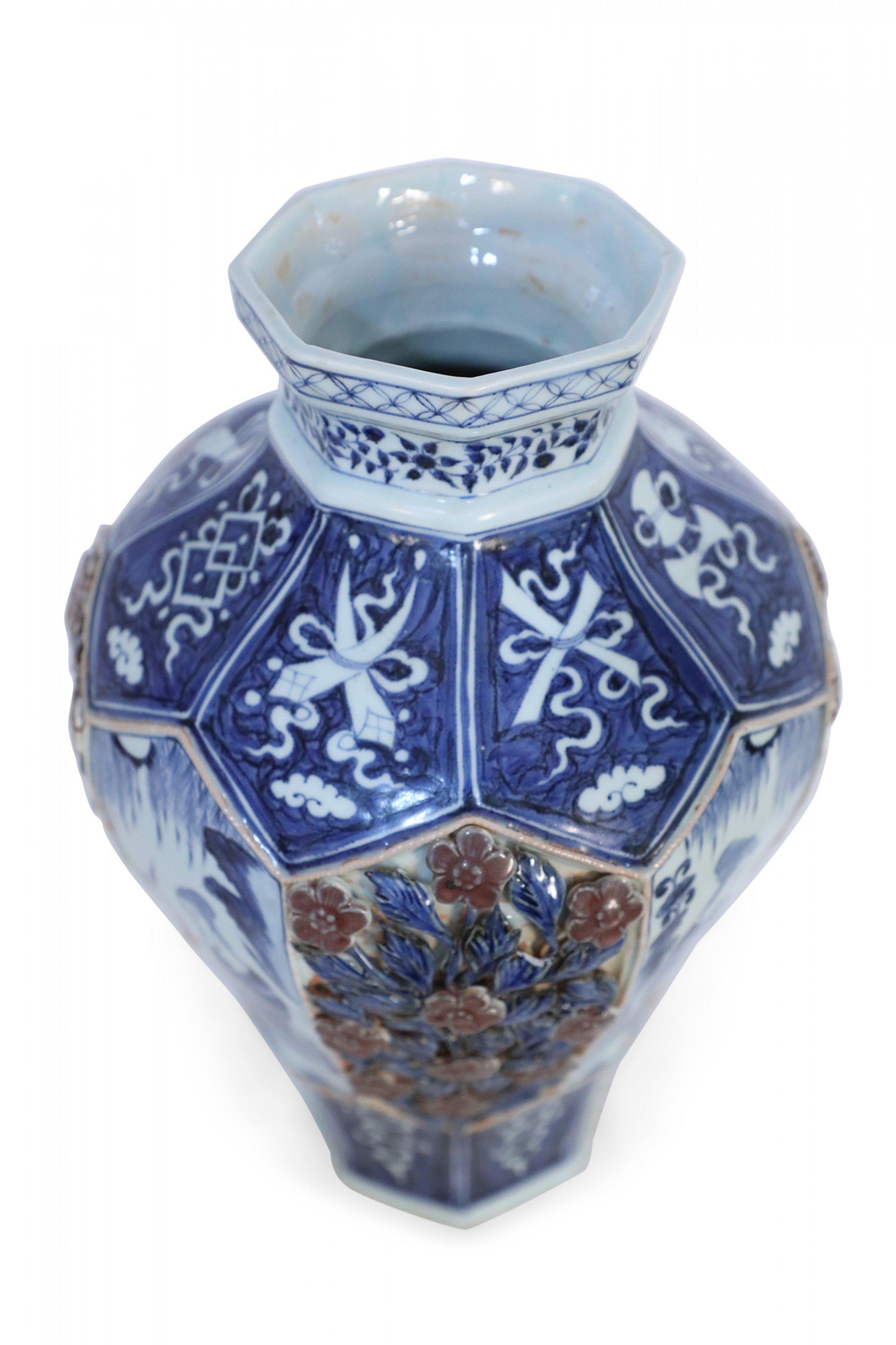 Chinese White and Blue Raised Rose Design Octagonal Porcelain Vase 8