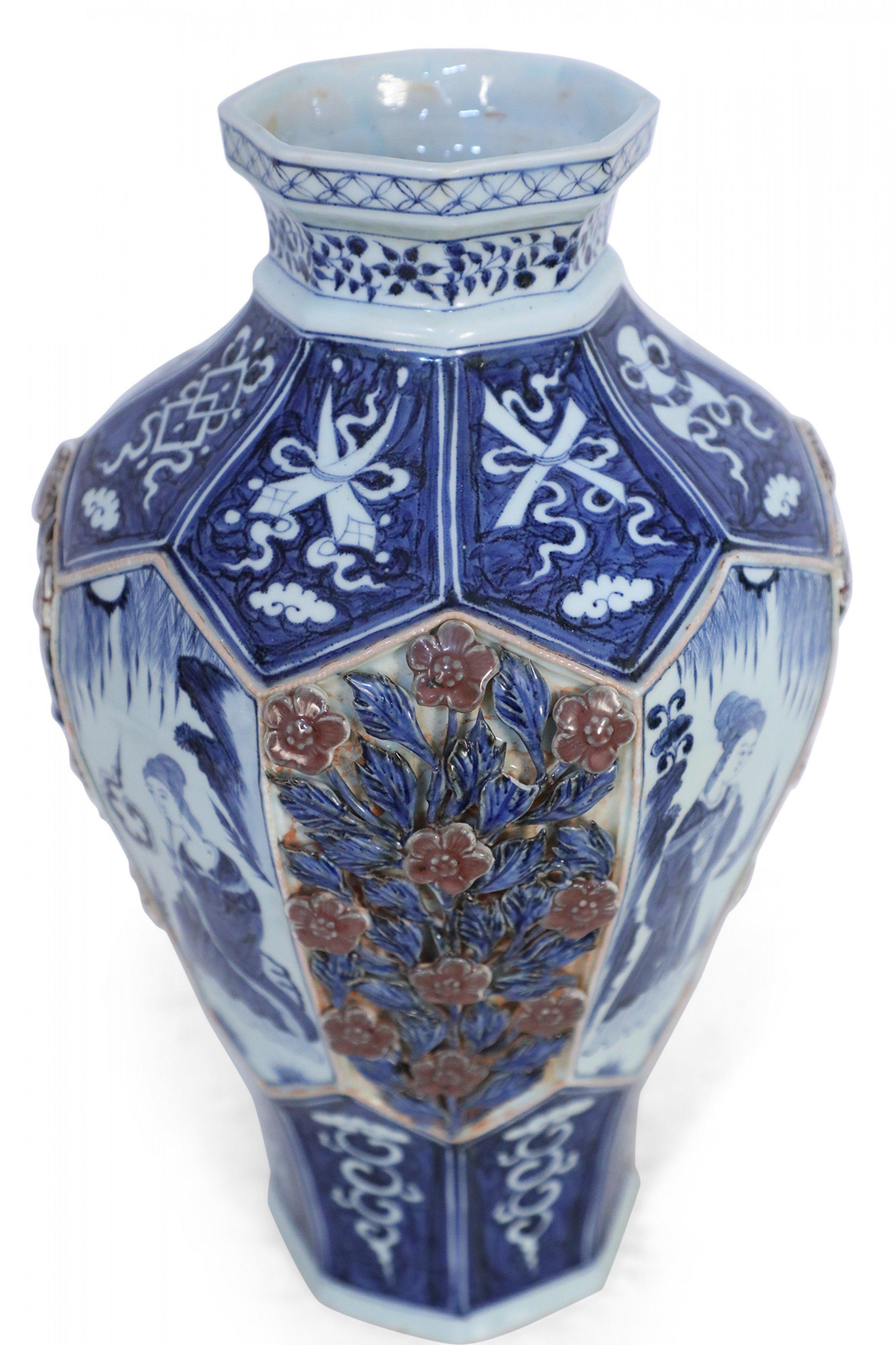 Chinese White and Blue Raised Rose Design Octagonal Porcelain Vase 10