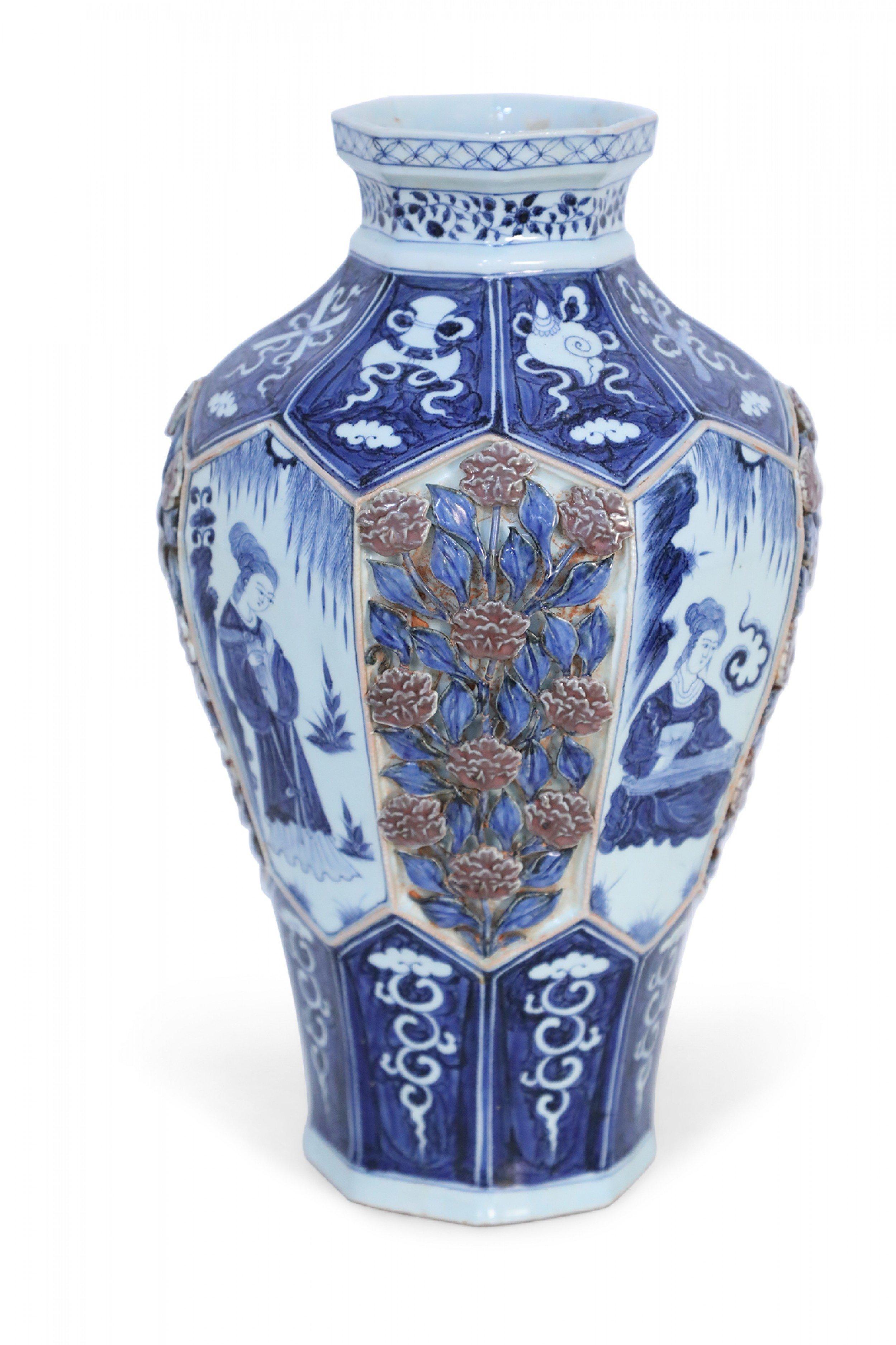 Chinese White and Blue Raised Rose Design Octagonal Porcelain Vase In Good Condition In New York, NY