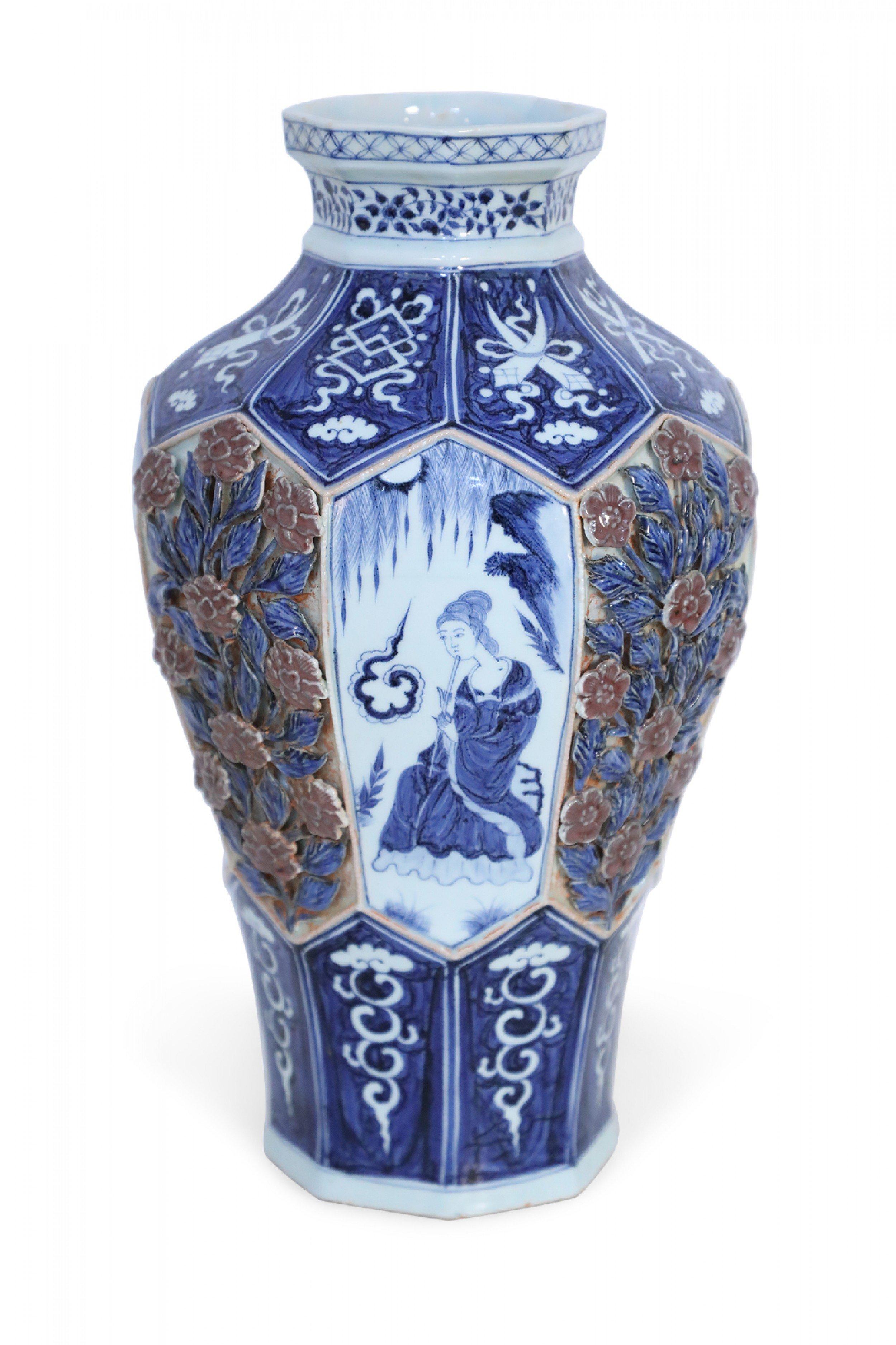 Chinese White and Blue Raised Rose Design Octagonal Porcelain Vase 4