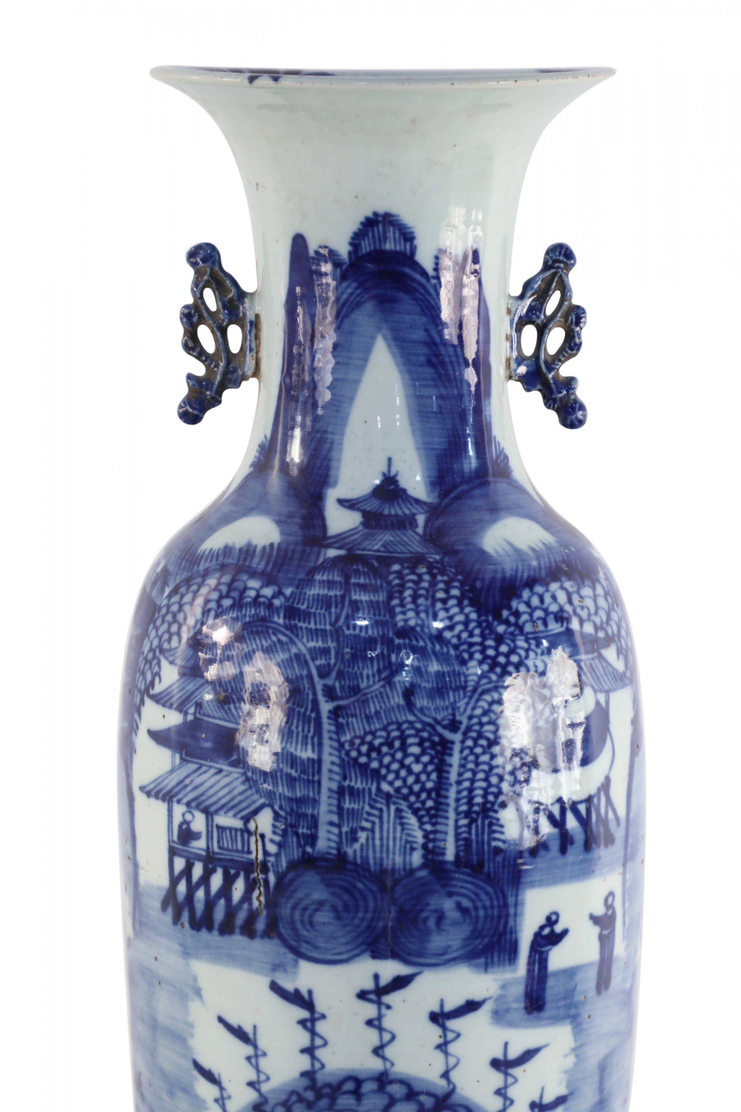 Chinese White and Blue Village Scene Porcelain Urn For Sale 5