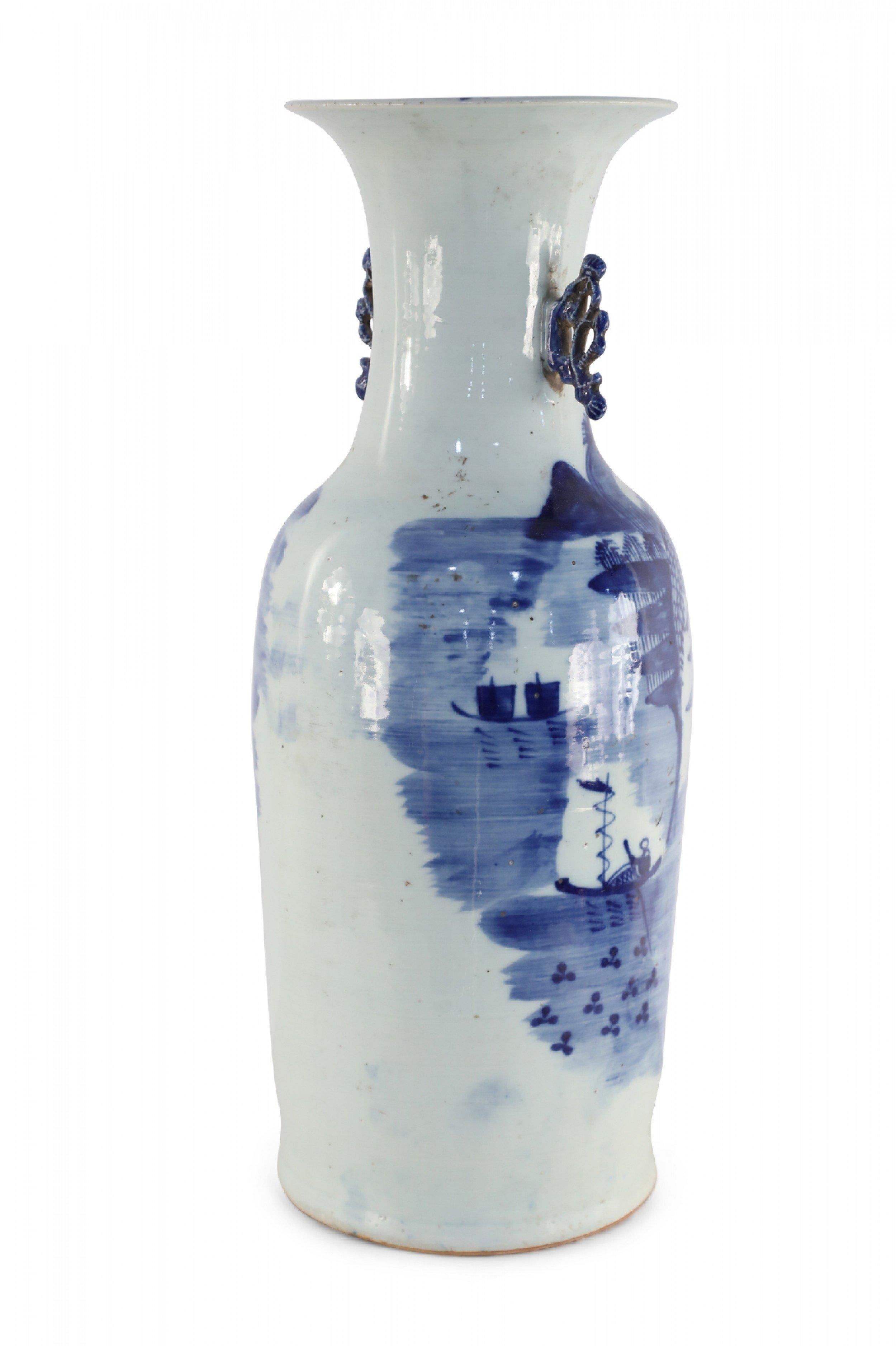 Chinese White and Blue Village Scene Porcelain Urn In Good Condition For Sale In Queens, NY