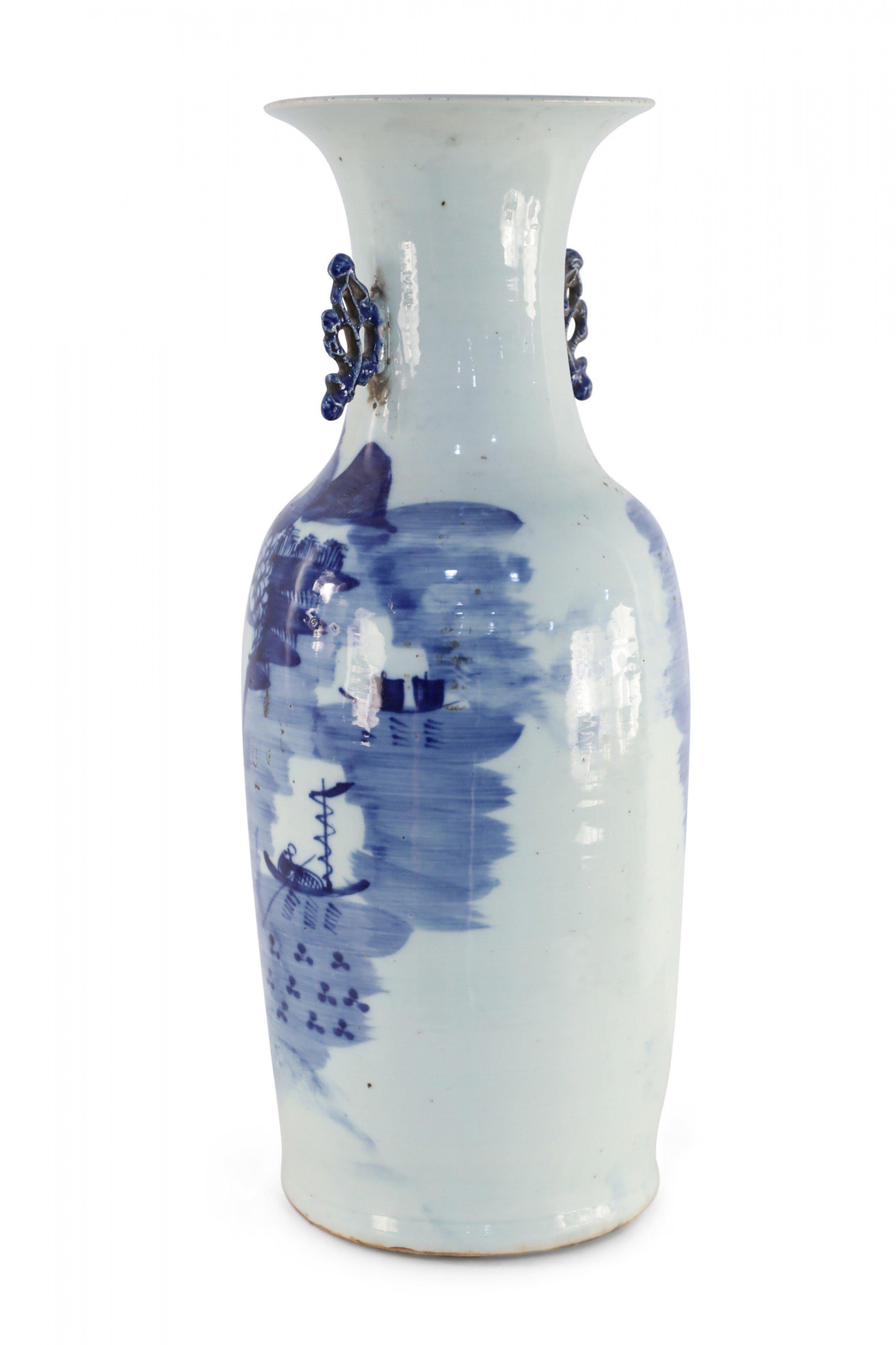 Chinese White and Blue Village Scene Porcelain Urn For Sale 1
