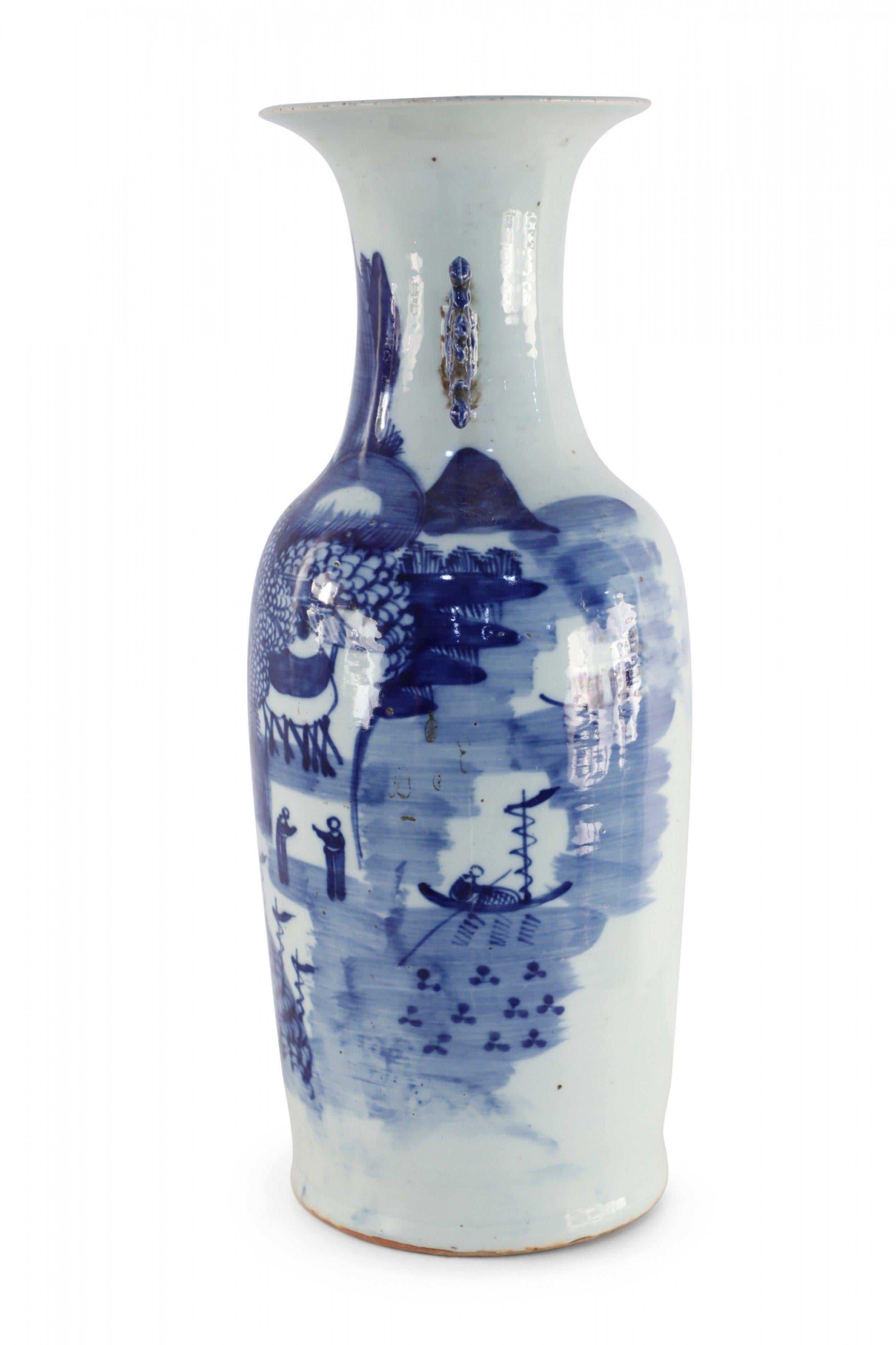 Chinese White and Blue Village Scene Porcelain Urn For Sale 3