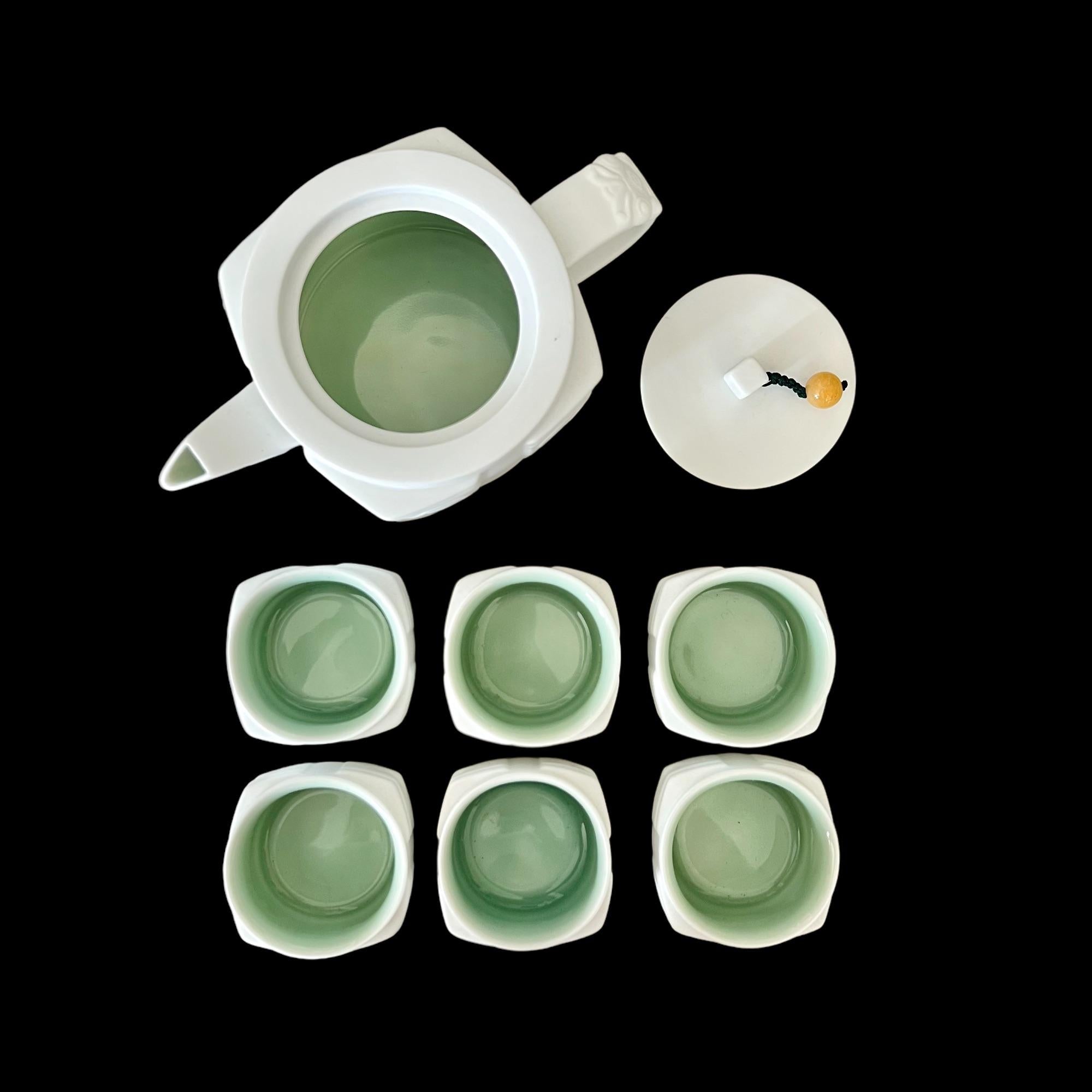 Chinoiserie Chinese White and Celadon Glazed Ceramic Tea Set For Sale