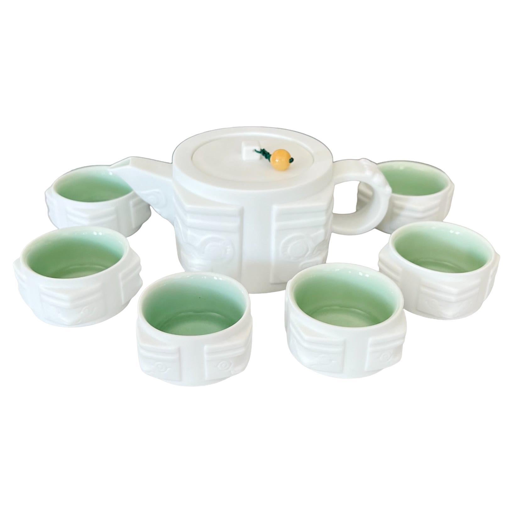 Chinesisches Teeservice aus glasierter Keramik in Weiß und Celadon