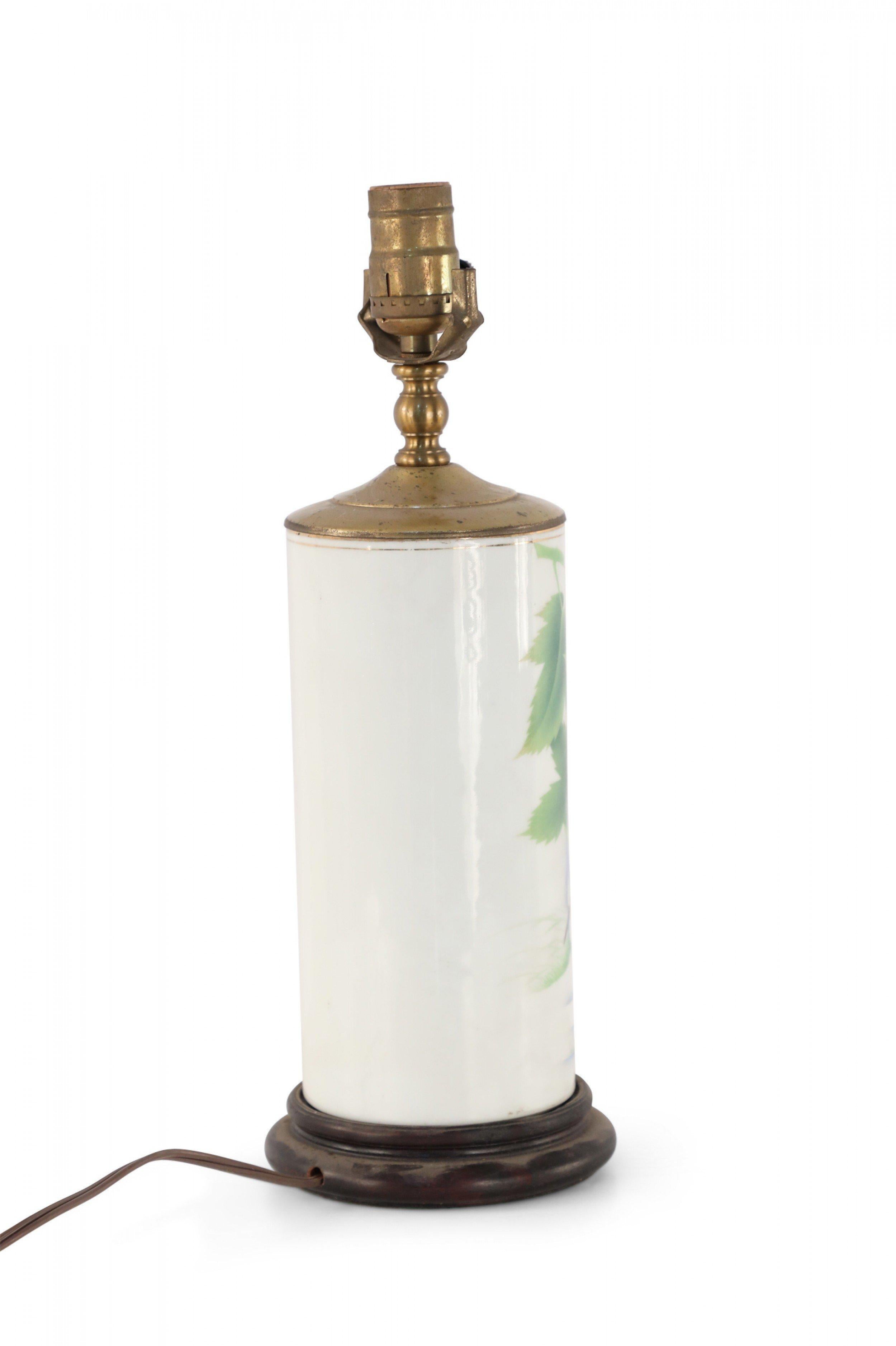 Metal Chinese White and Floral Column Porcelain Table Lamp For Sale
