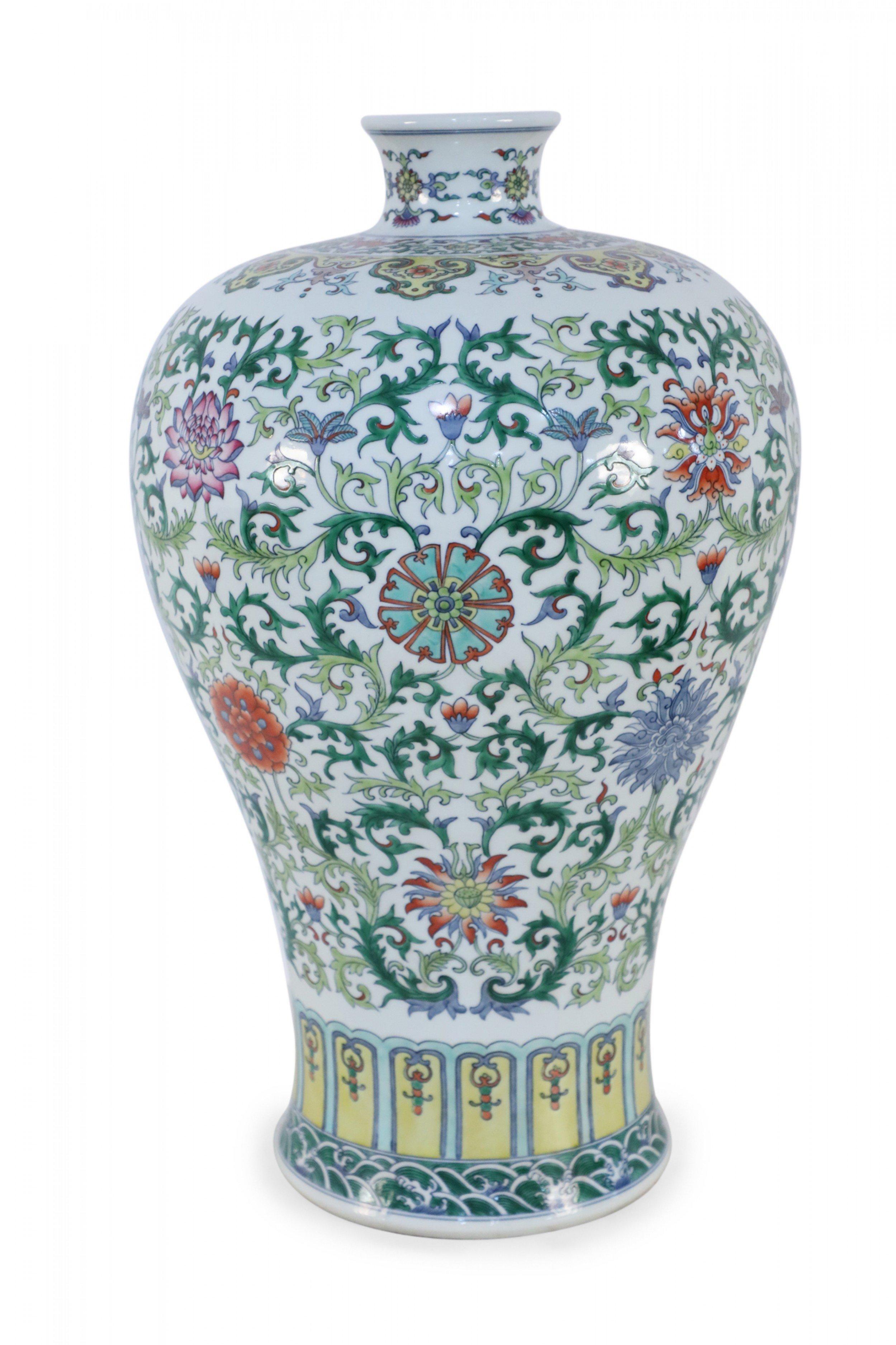 Chinese Export Chinese White and Multicolor Floral and Vine Motif Meiping Porcelain Urn