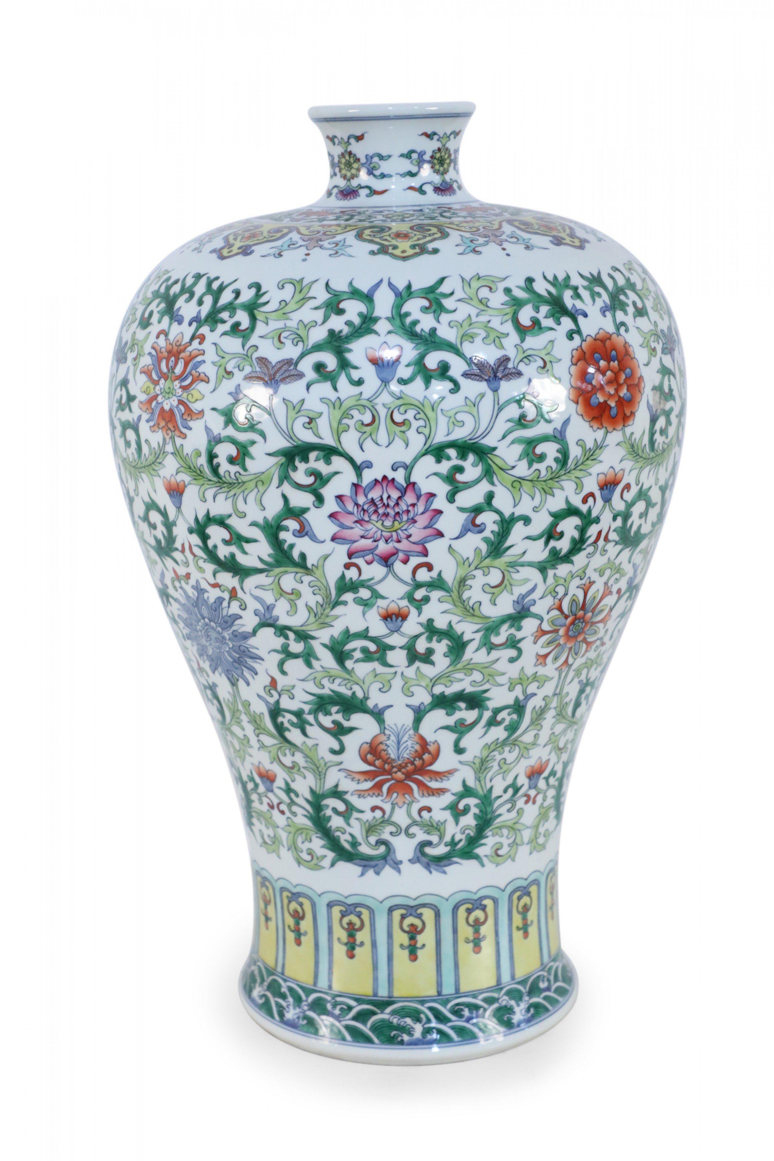 20th Century Chinese White and Multicolor Floral and Vine Motif Meiping Porcelain Urn