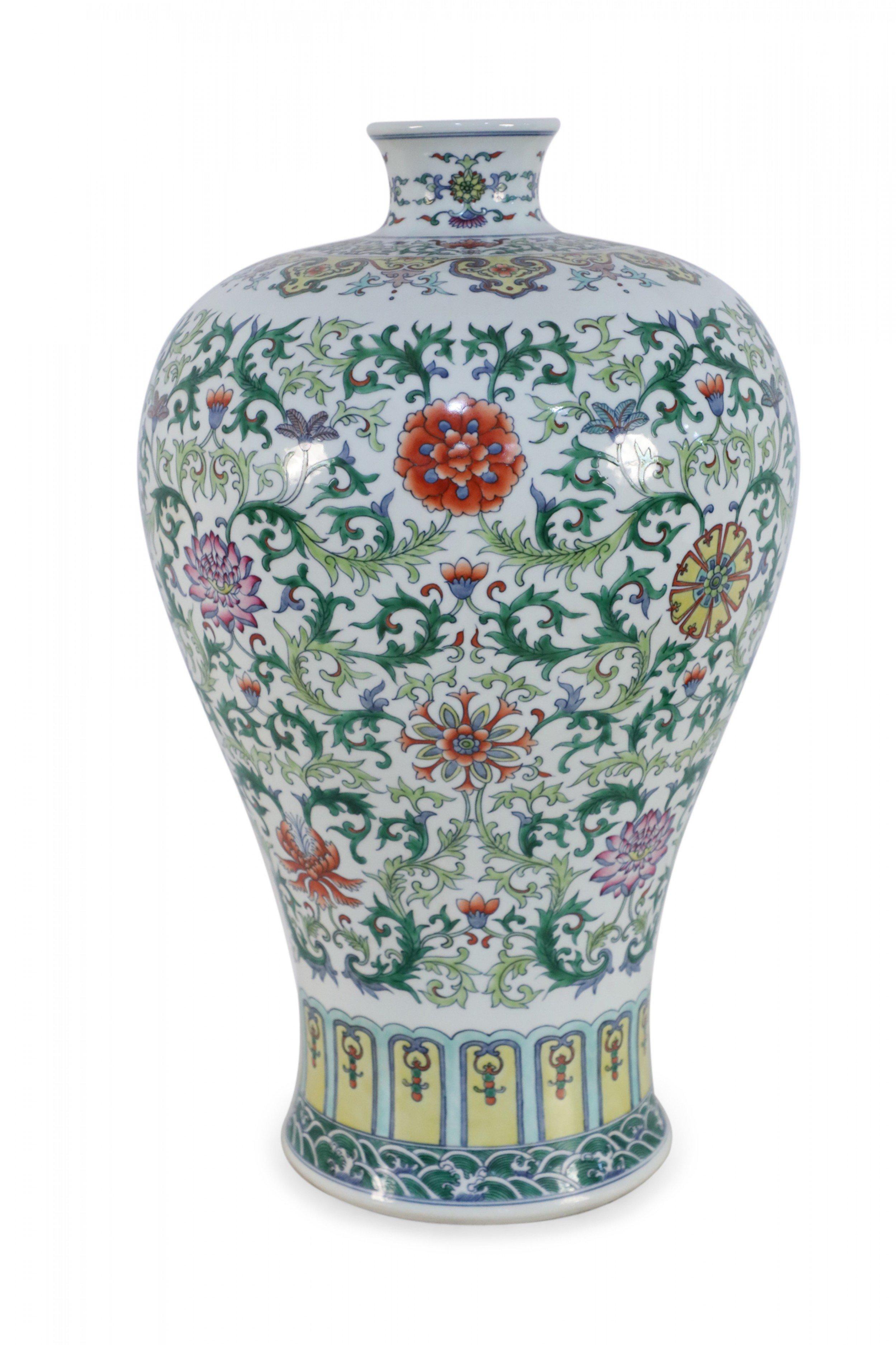 Chinese White and Multicolor Floral and Vine Motif Meiping Porcelain Urn 1
