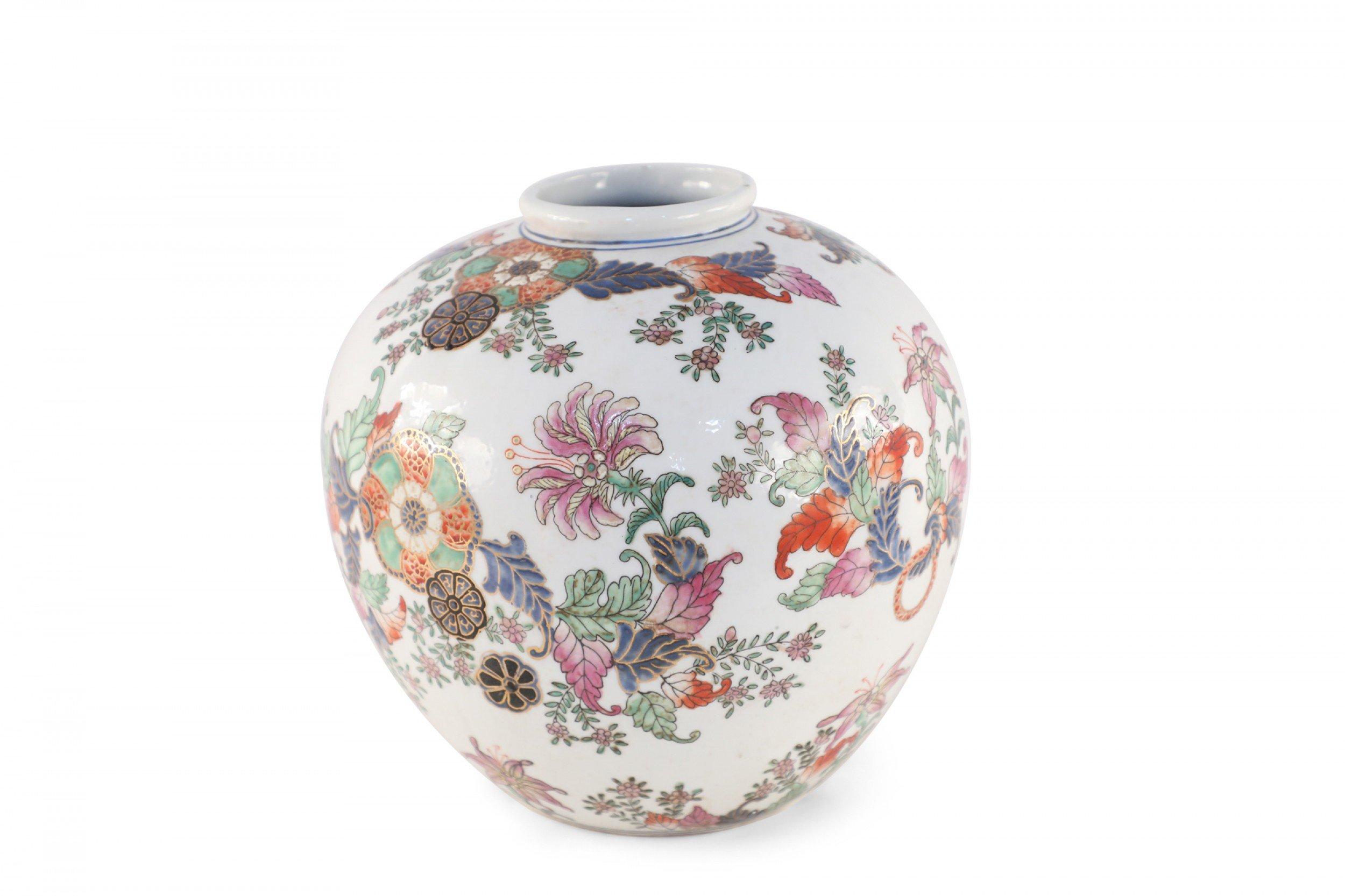 Chinese Export Chinese White and Multicolor Floral Round Porcelain Vase For Sale