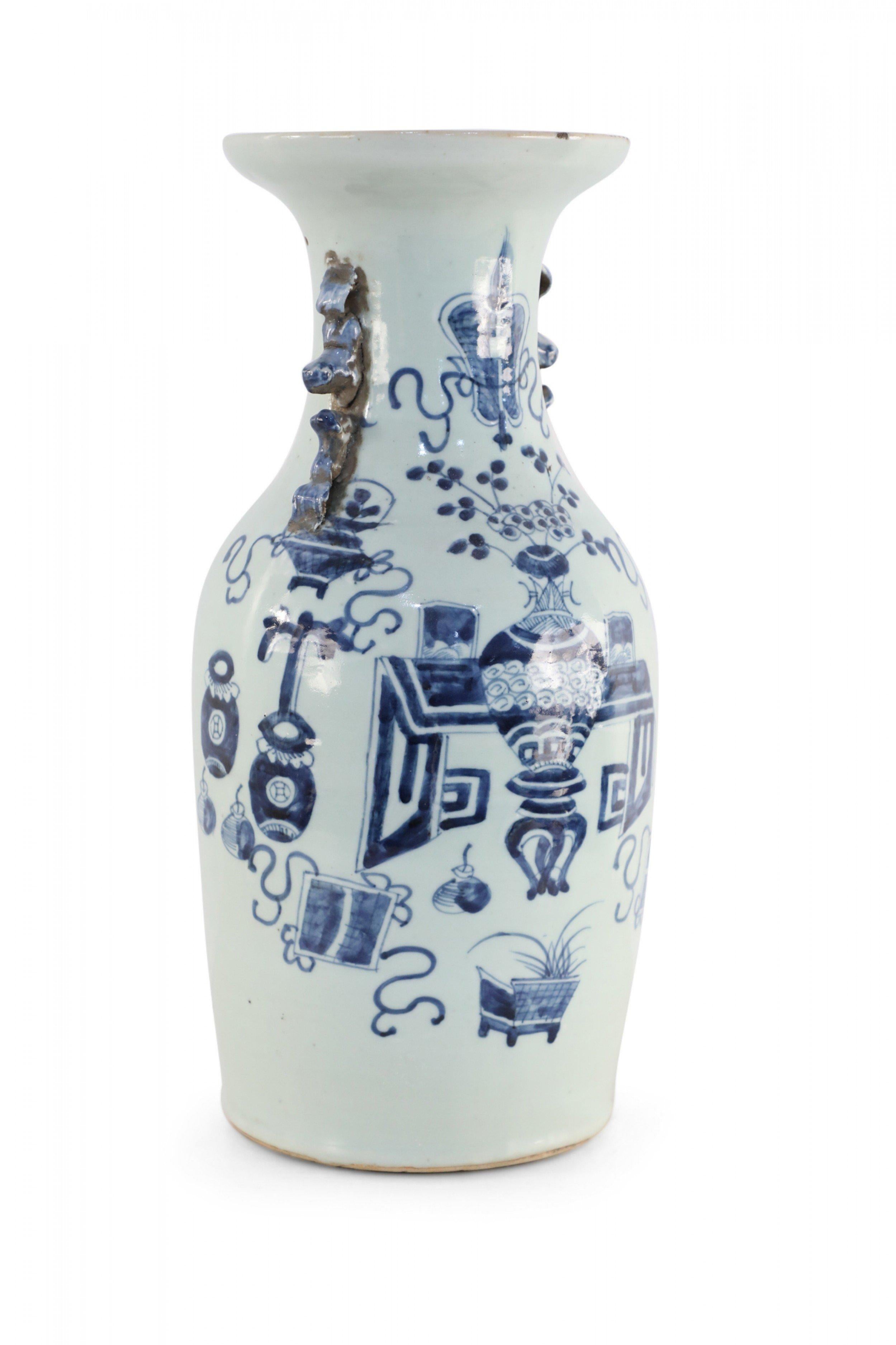 Chinese Export Chinese White and Navy Blue Patterned Handled Porcelain Urn For Sale